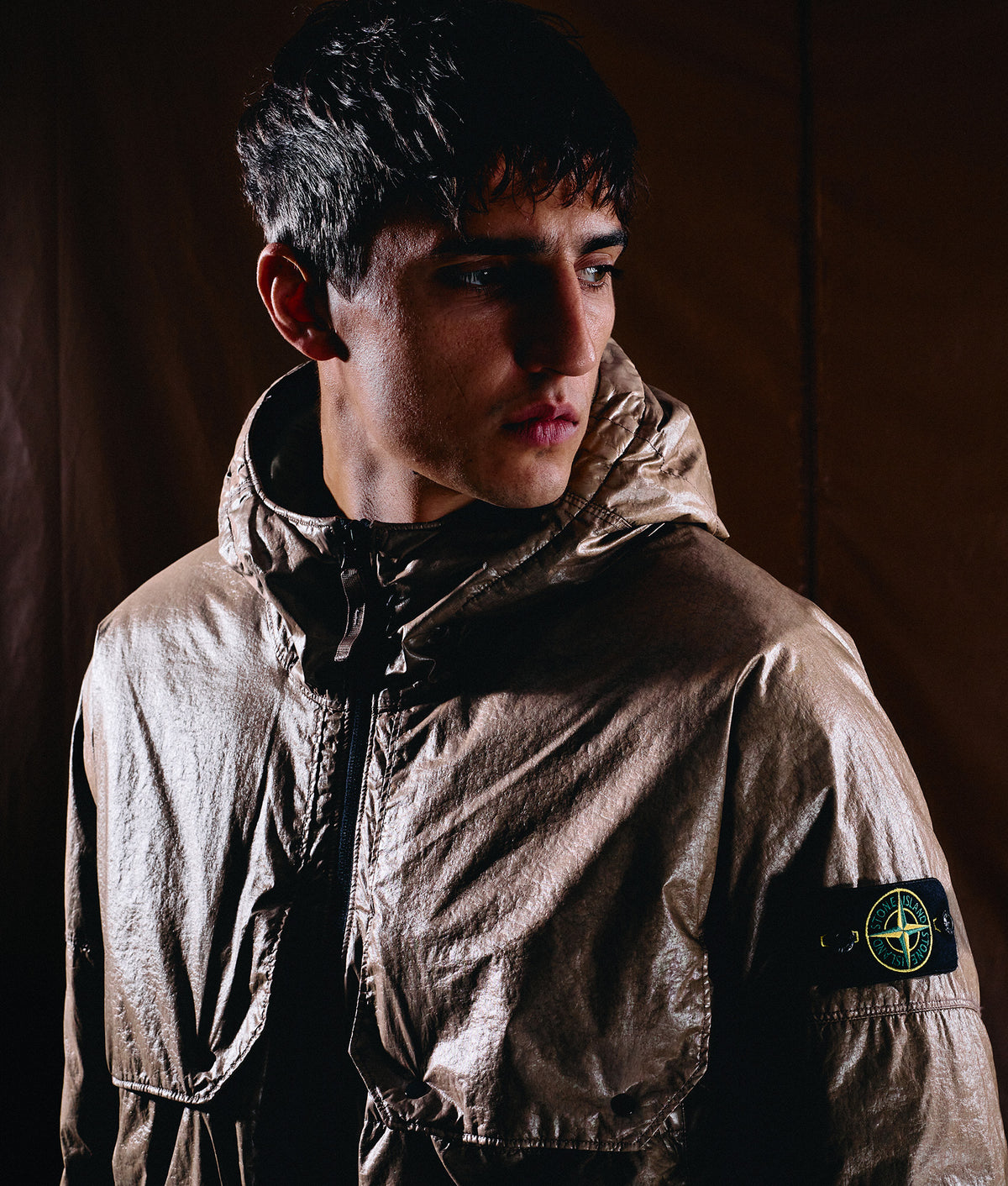 Light Nylon 3L-TC Down Jacket in Military Green at EQVVS Menswear. Campaign shot.
