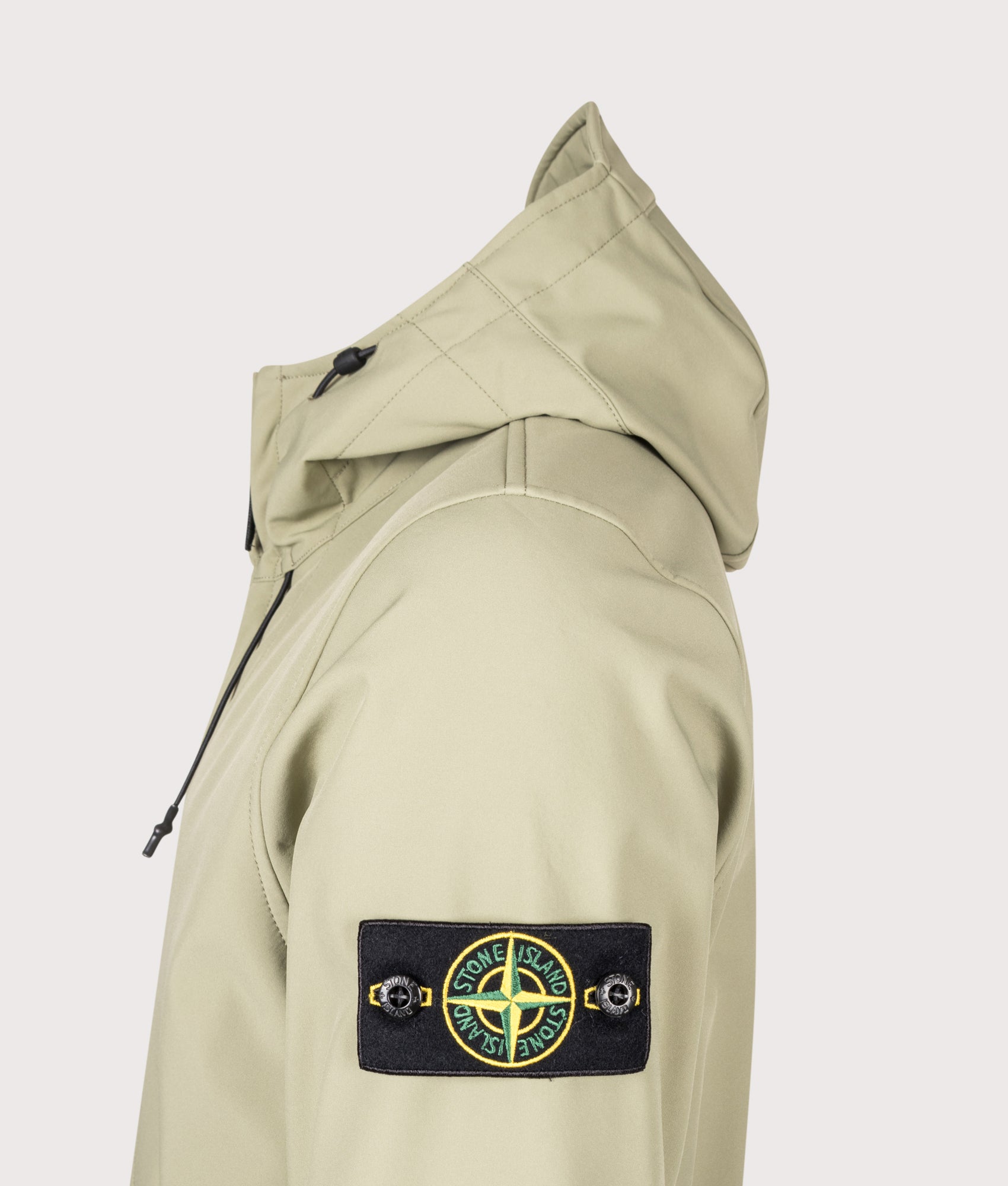 Stone Island Soft Shell-R_E DYE® Technology Jacket in Laurel Green at EQVVS Menswear. Detail shot.