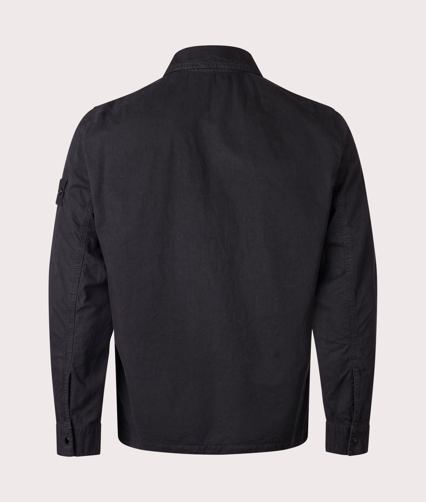 Stone Island Brushed Organic Cotton Canvas ‘OLD’ Effect Overshirt in Black at EQVVS Menswear. Back shot 