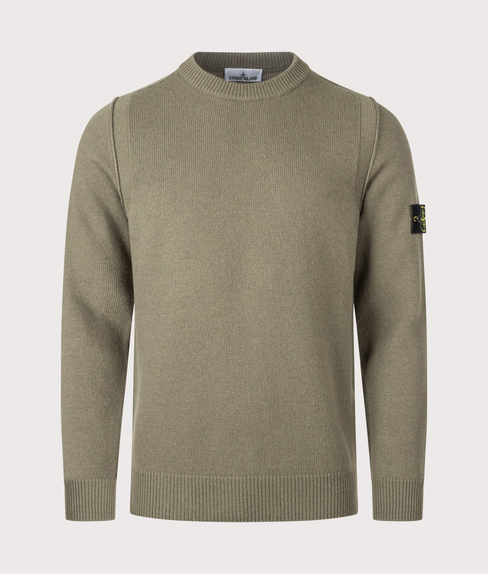 Stone Island Lambswool Crewneck Jumper in Military Green at EQVVS Menswear. Front shot.
