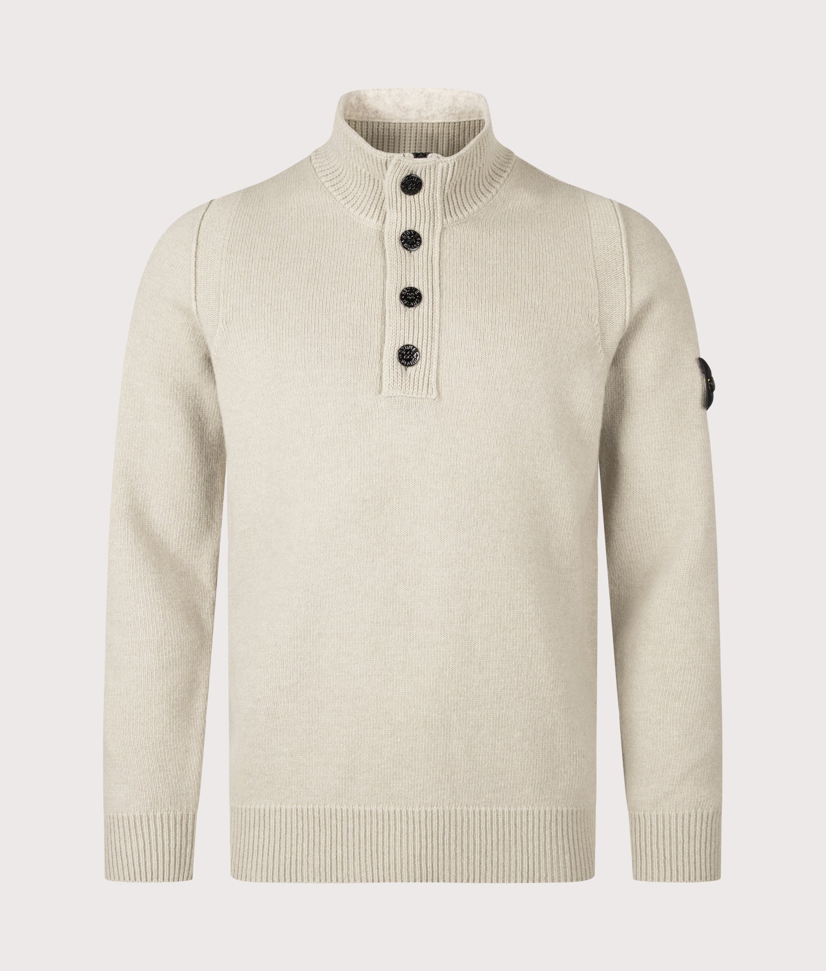 Stone Island Lambswool Button Up Jumper in Sand at EQVVS Menswear. Front shot.