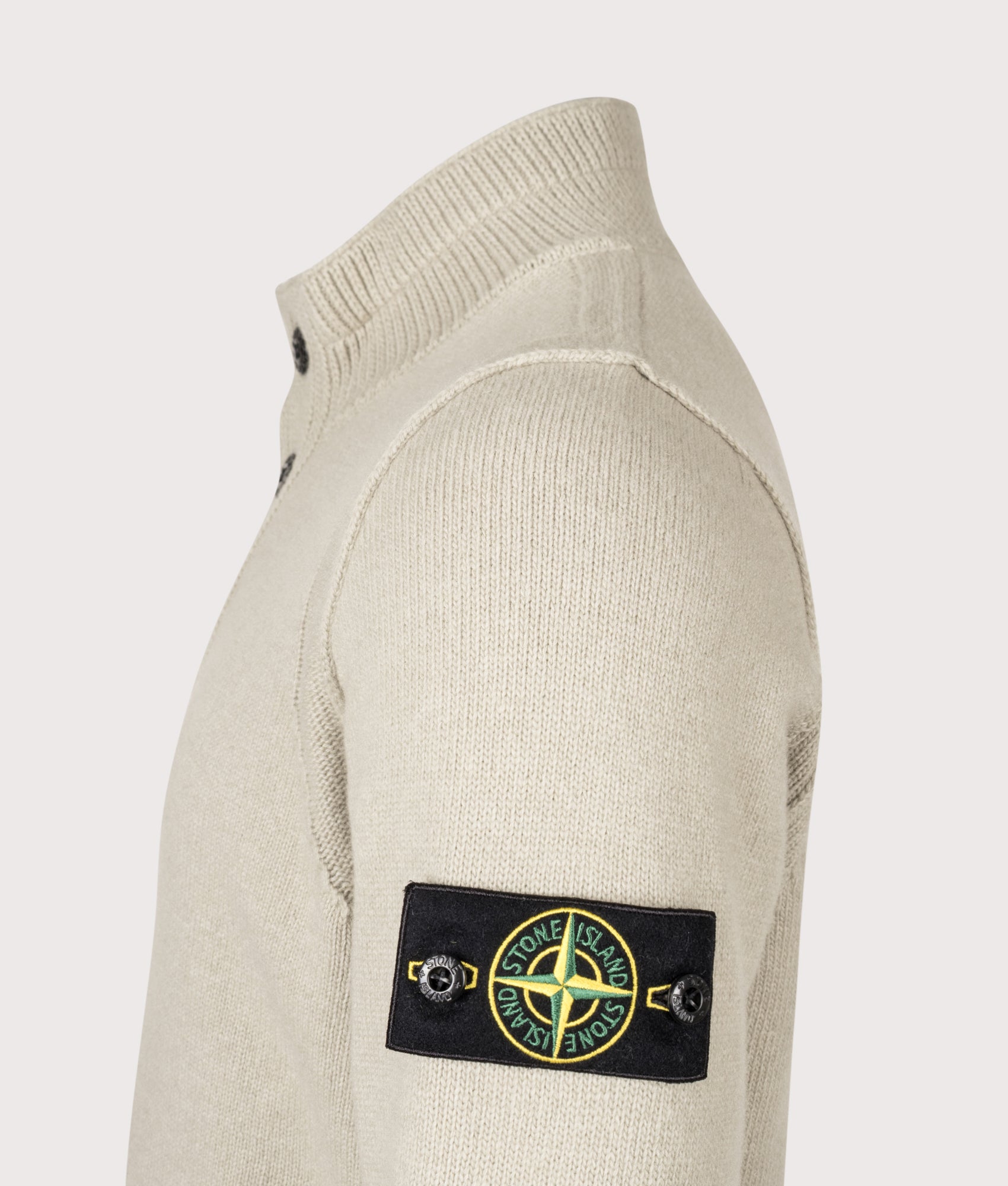 Stone Island Lambswool Button Up Jumper in Sand at EQVVS Menswear. Detail shot.