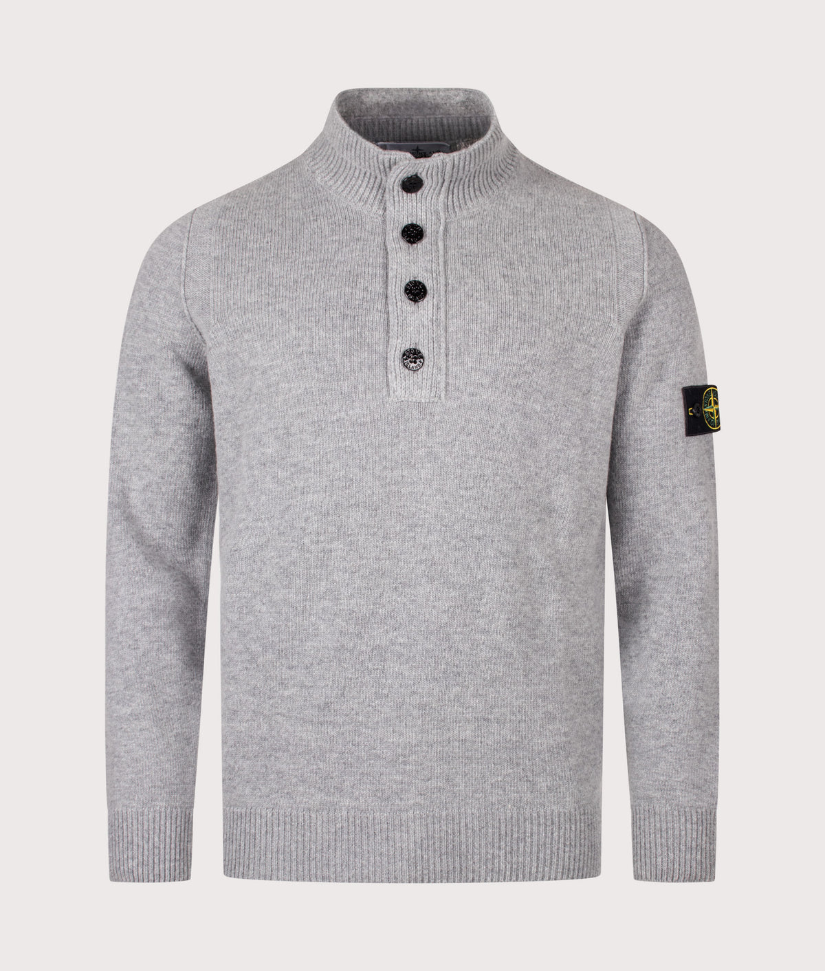 Stone Island Lambswool Button Up Jumper in Grey Melange at EQVVS Menswear. Front shot.