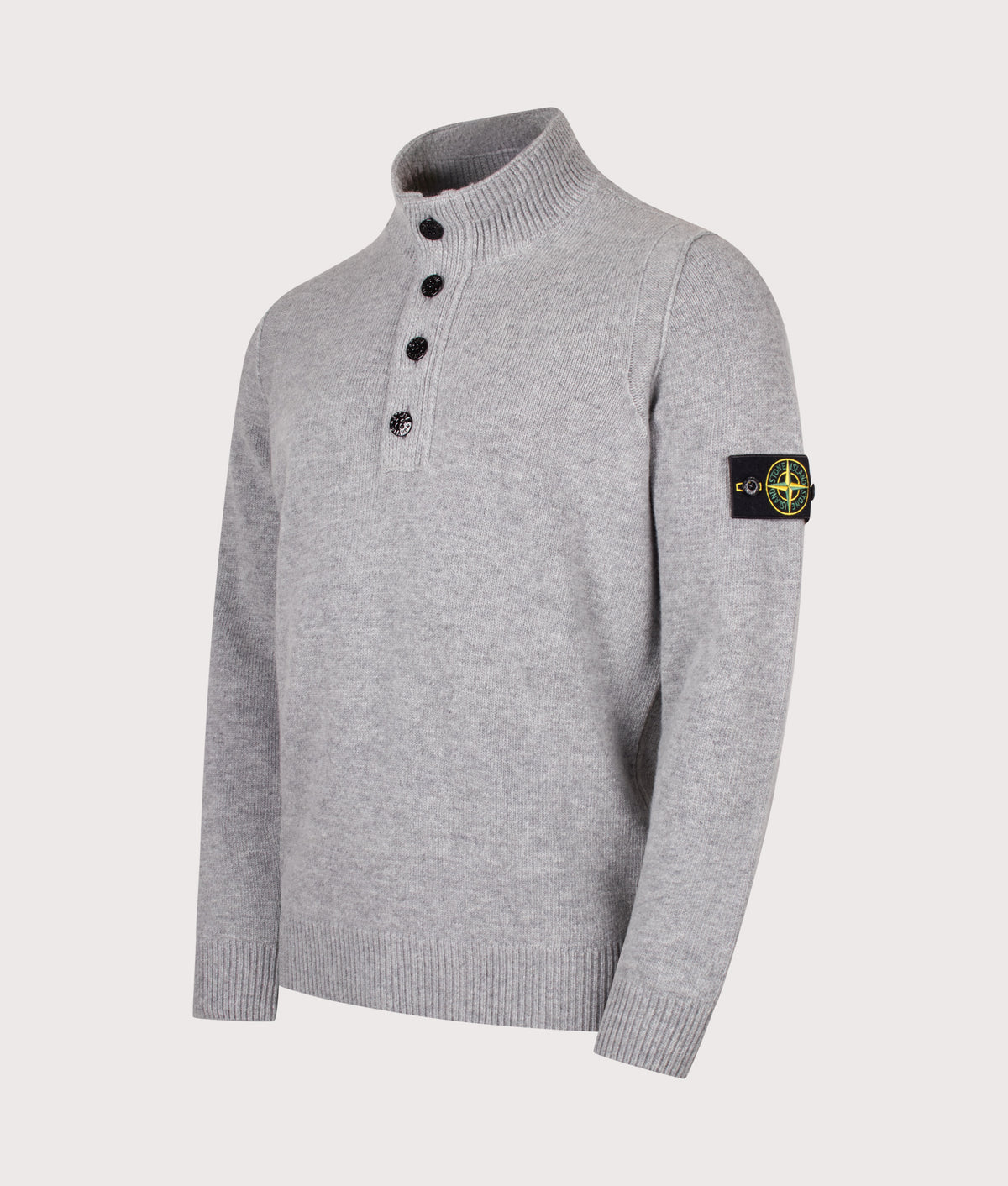 Stone Island Lambswool Button Up Jumper in Grey Melange at EQVVS Menswear. Angled front shot.