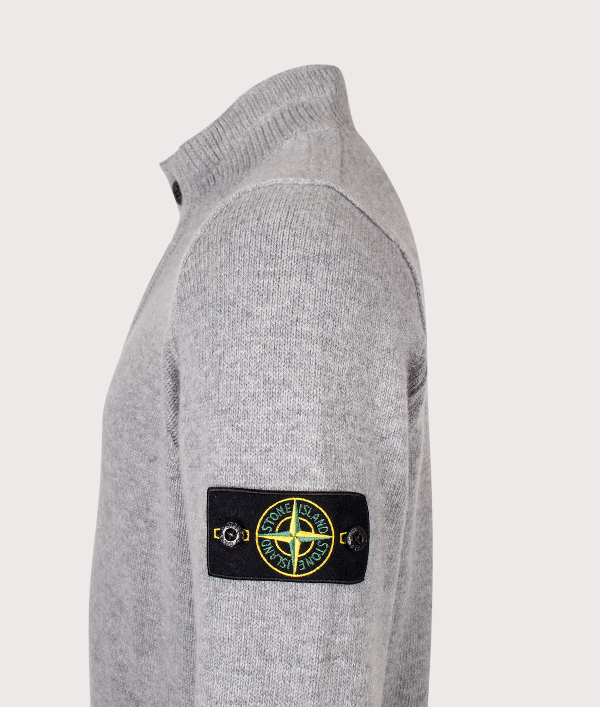 Stone Island Lambswool Button Up Jumper in Grey Melange at EQVVS Menswear. Detail shot.