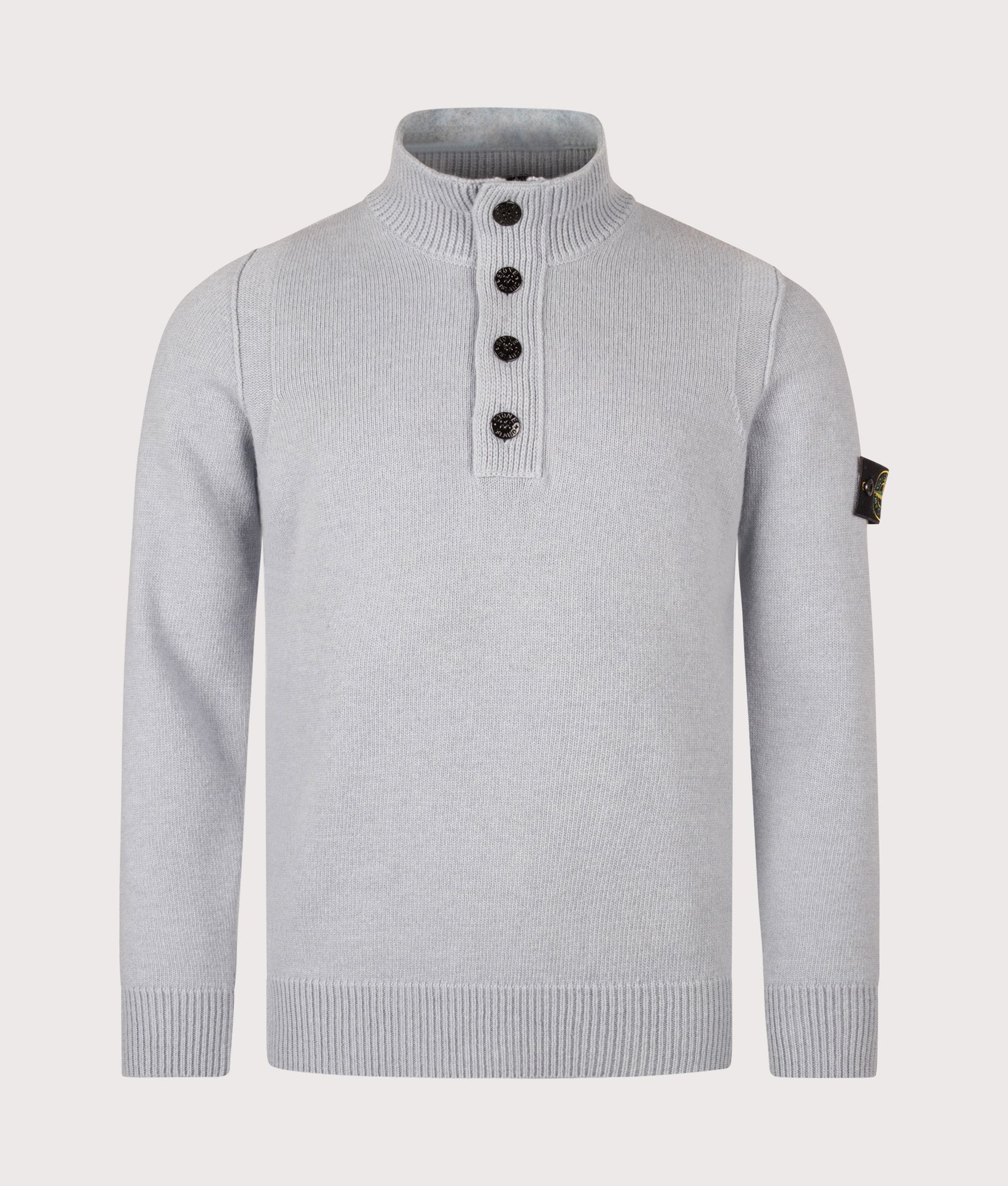 Stone Island Lambswool Button Up Jumper in Ash Grey at EQVVS Menswear. Front shot.
