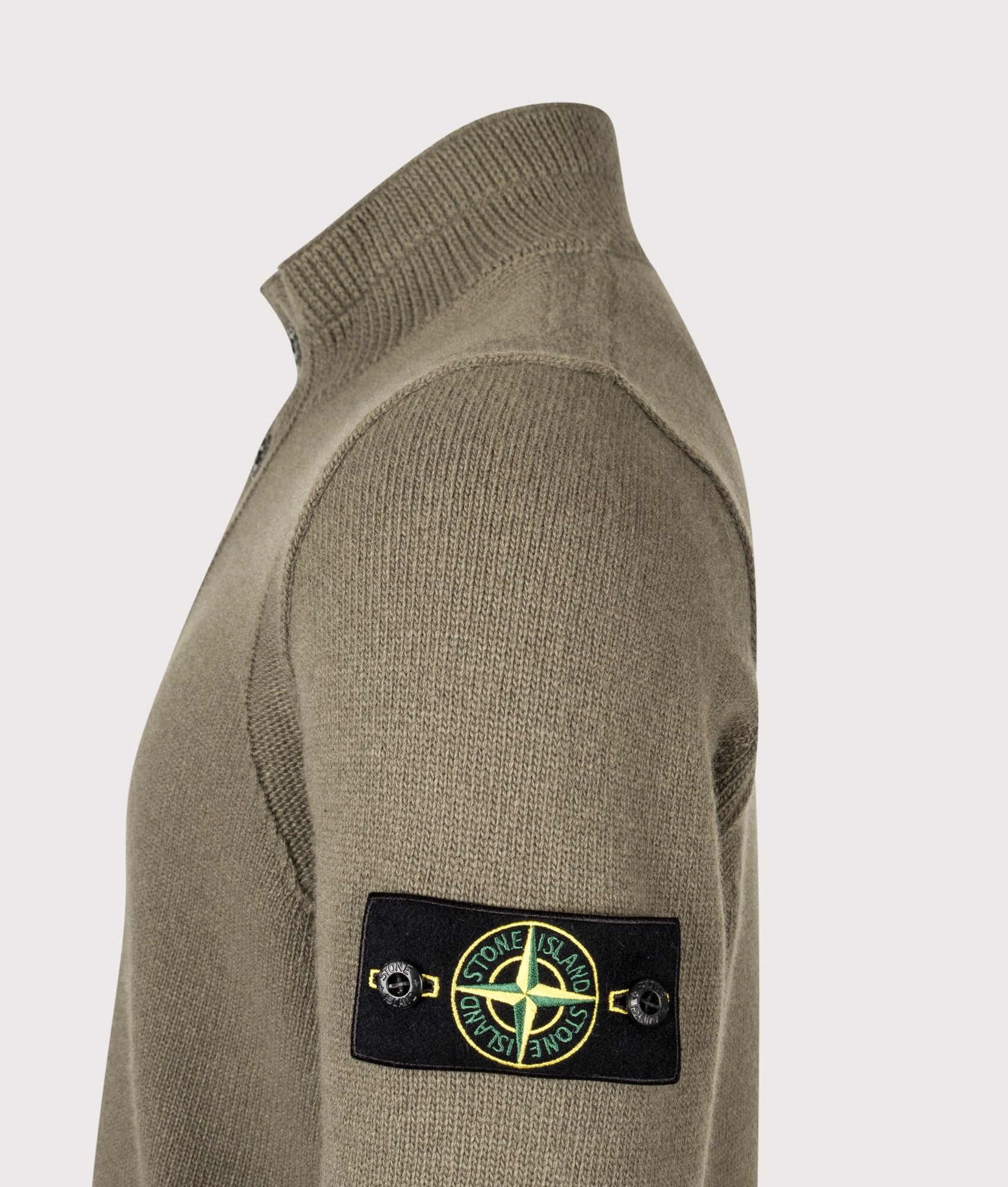 Stone Island Lambswool Button Up Jumper in Military Green at EQVVS Menswear. Detail shot.