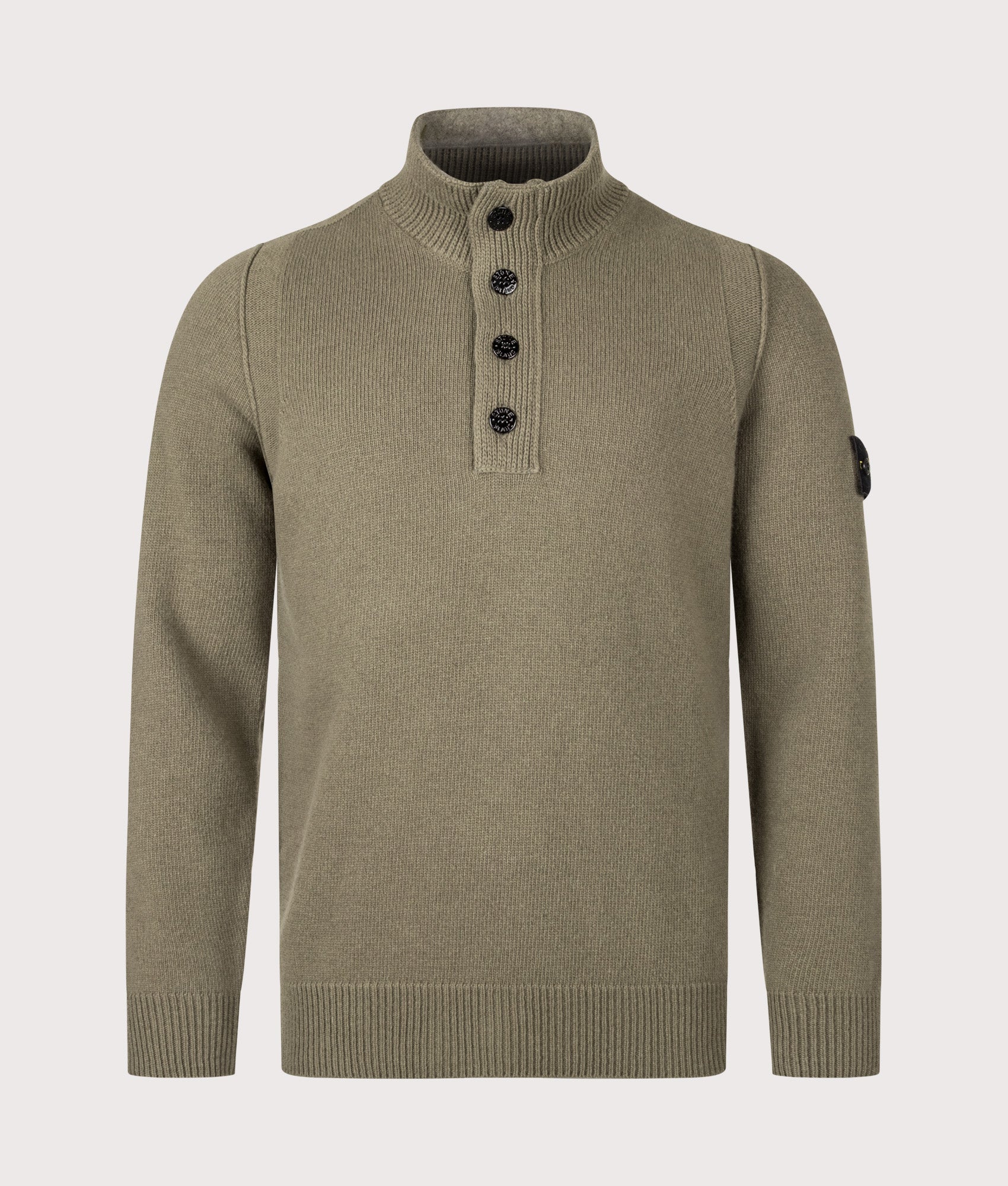 Stone Island Lambswool Button Up Jumper in Military Green at EQVVS Menswear. Front shot.
