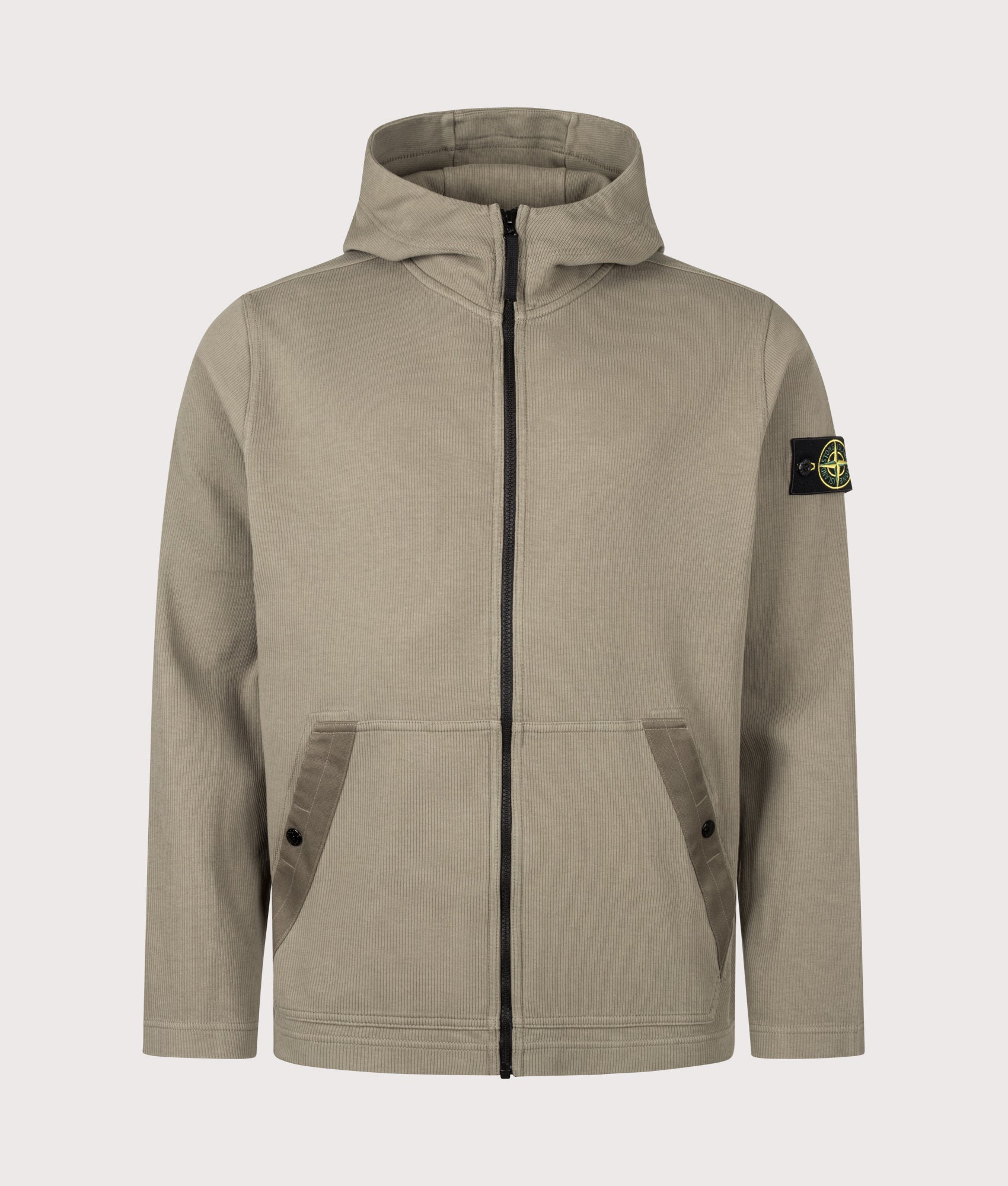 Stone Island Organic Cotton Interlock Zip through Hoodie in Military Green at EQVVS Menswear. Front shot.