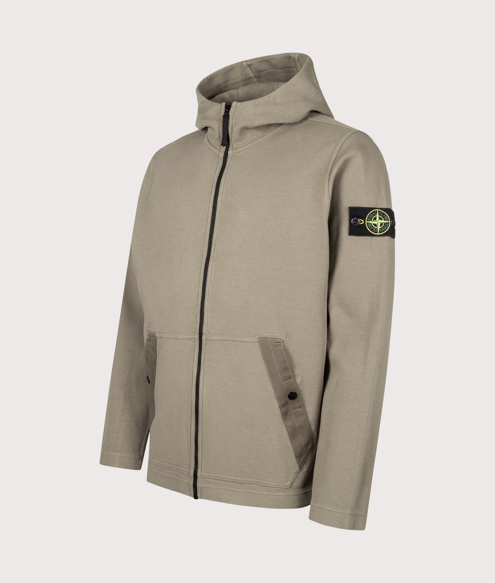 Stone Island Organic Cotton Interlock Zip through Hoodie in Military Green at EQVVS Menswear. Angled front shot.