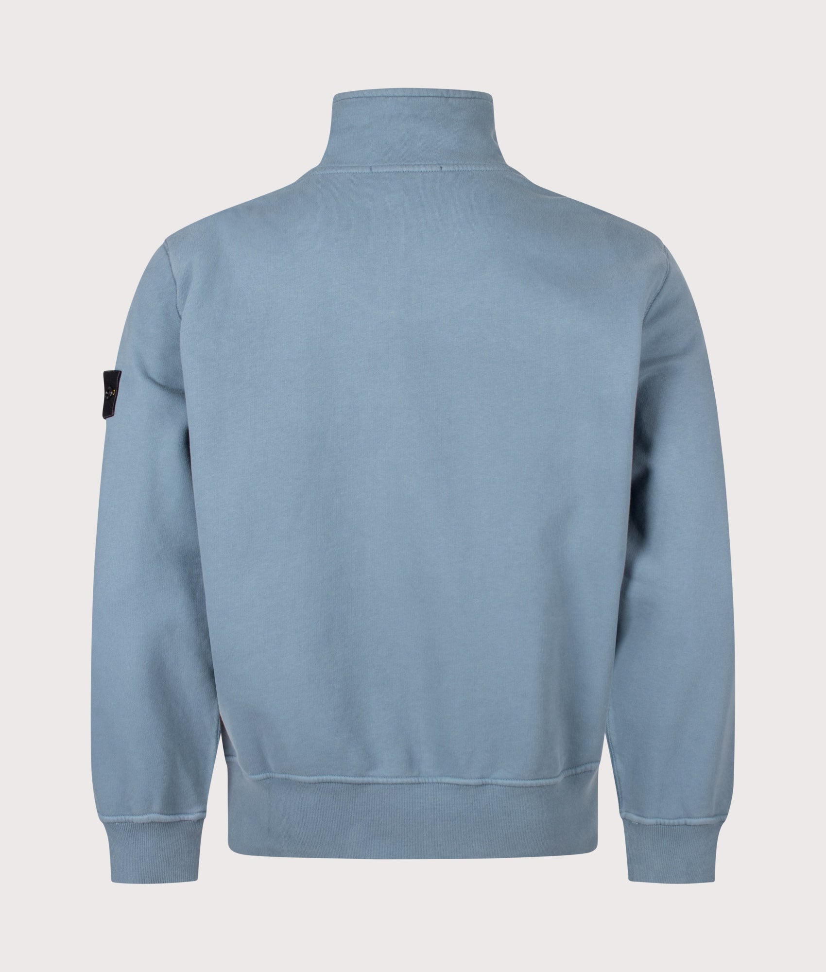 Stone Island Comfort Fit Brushed Organic Fleece Quarter Zip Sweatshirt in Steel Blue at EQVVS Menswear. Back shot.
