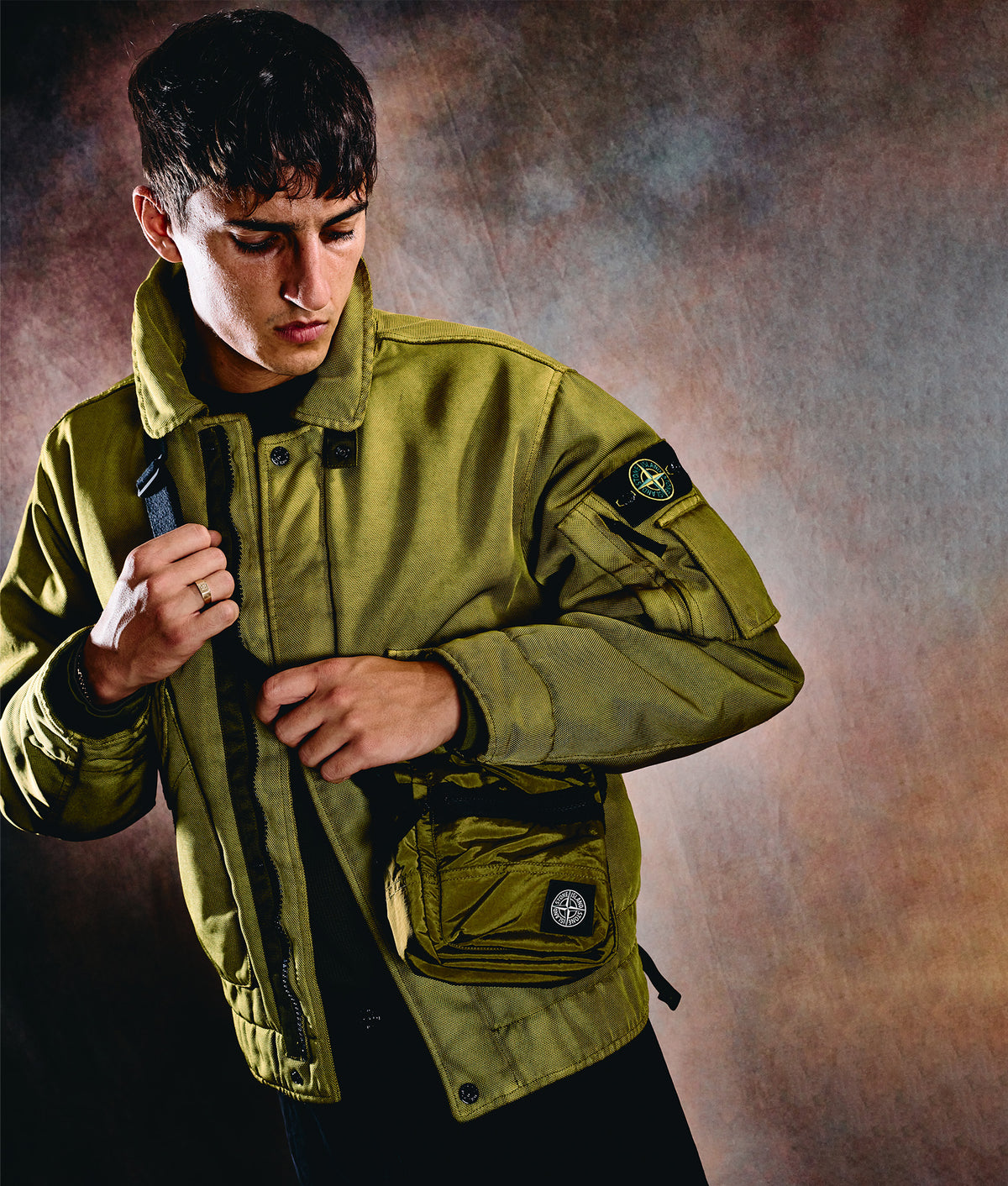 Stone Island Dense Oxford Nylon-TC Jacket in Cactus at EQVVS Menswear. Campaign shot.