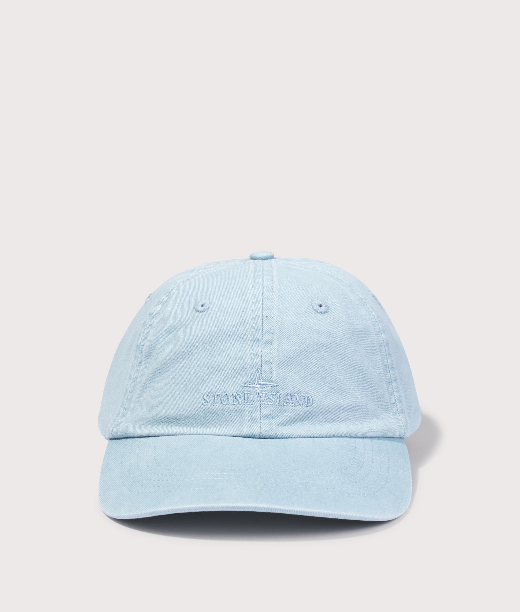 Gabardine Logo Embroidery Cap in Powder Blue by STONE ISLAND. Shot by EQVVS. Front shot.