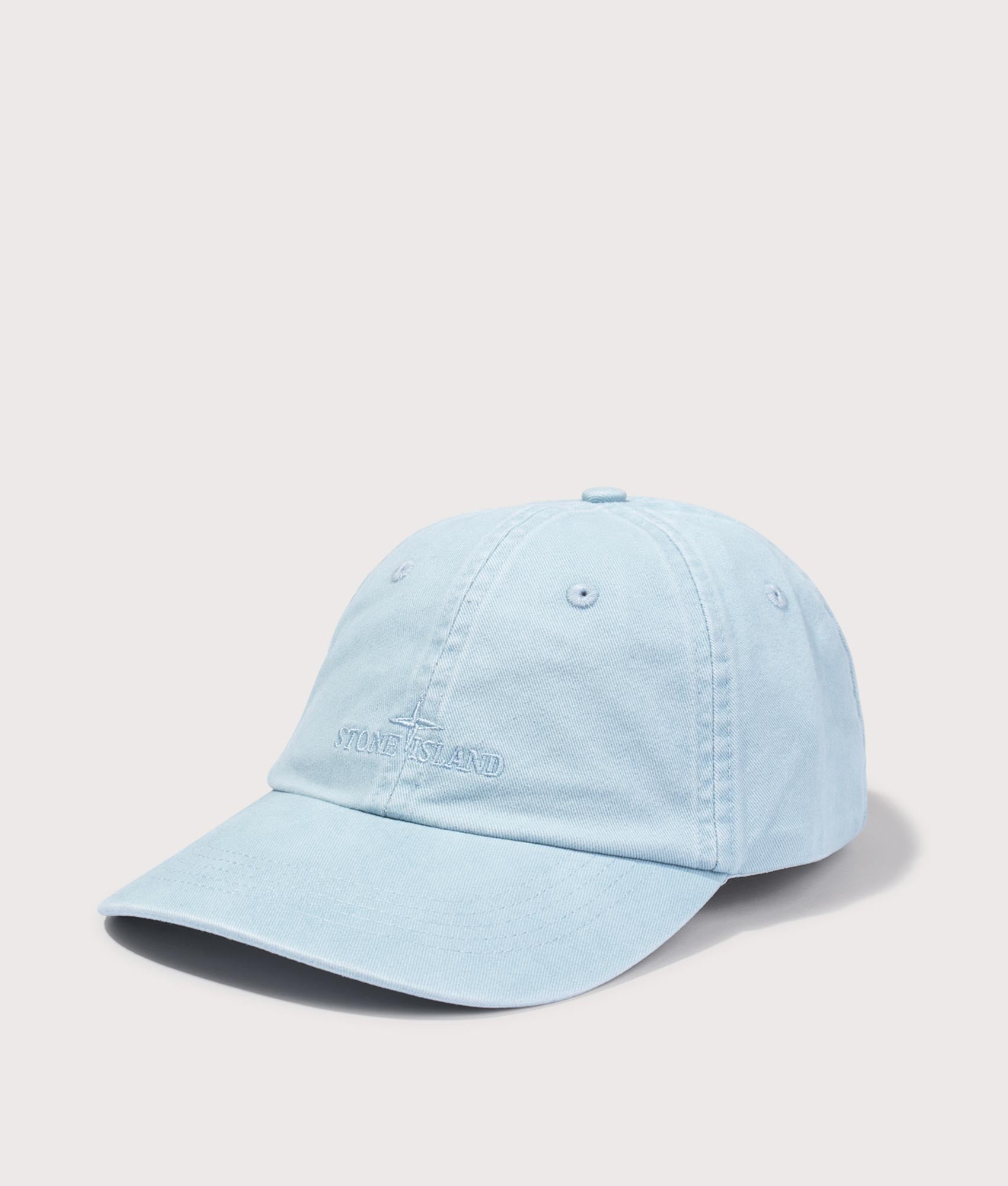 Gabardine Logo Embroidery Cap in Powder Blue by STONE ISLAND. Shot by EQVVS. Front angled shot.