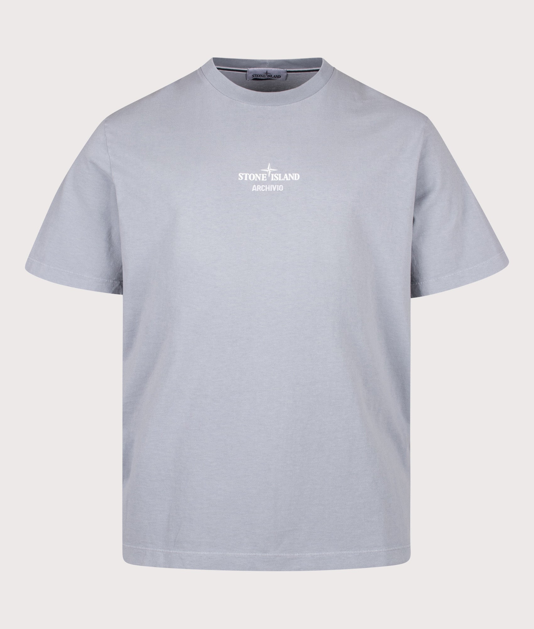 Stone Island Regular Fit ‘ARCHIVIO’ print T-Shirt in Ash Grey at EQVVS Menswear. Front shot.