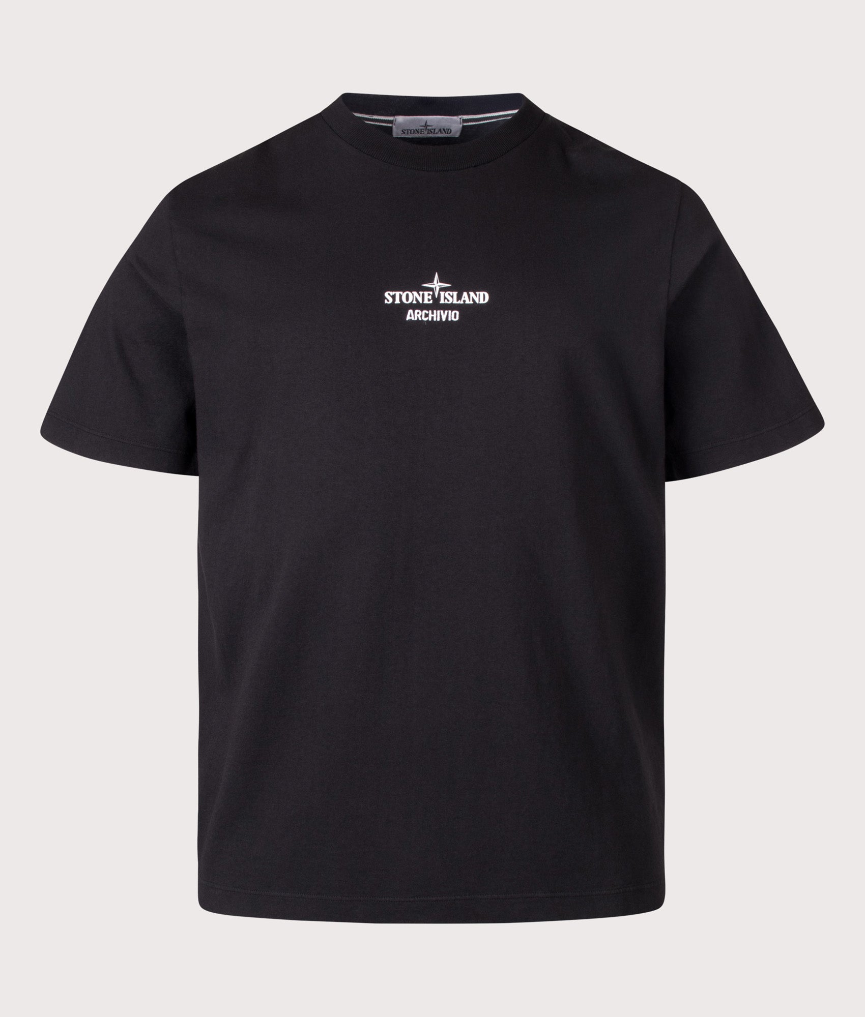 Stone Regular Fit ‘ARCHIVIO’ Print T-Shirt in Black at EQVVS Menswear. Front shot.