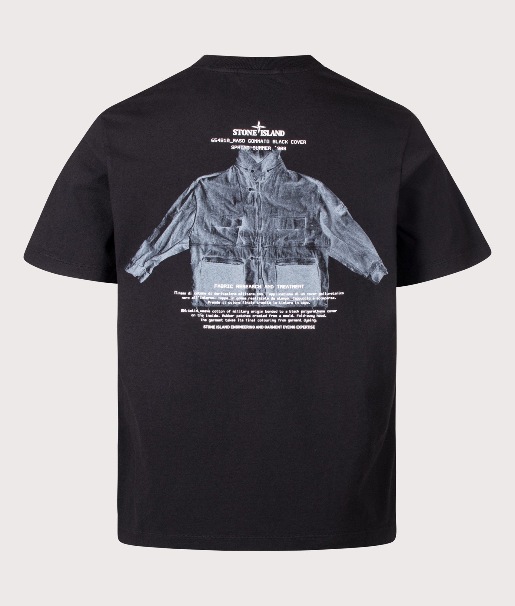 Stone Regular Fit ‘ARCHIVIO’ Print T-Shirt in Black at EQVVS Menswear. Back shot.