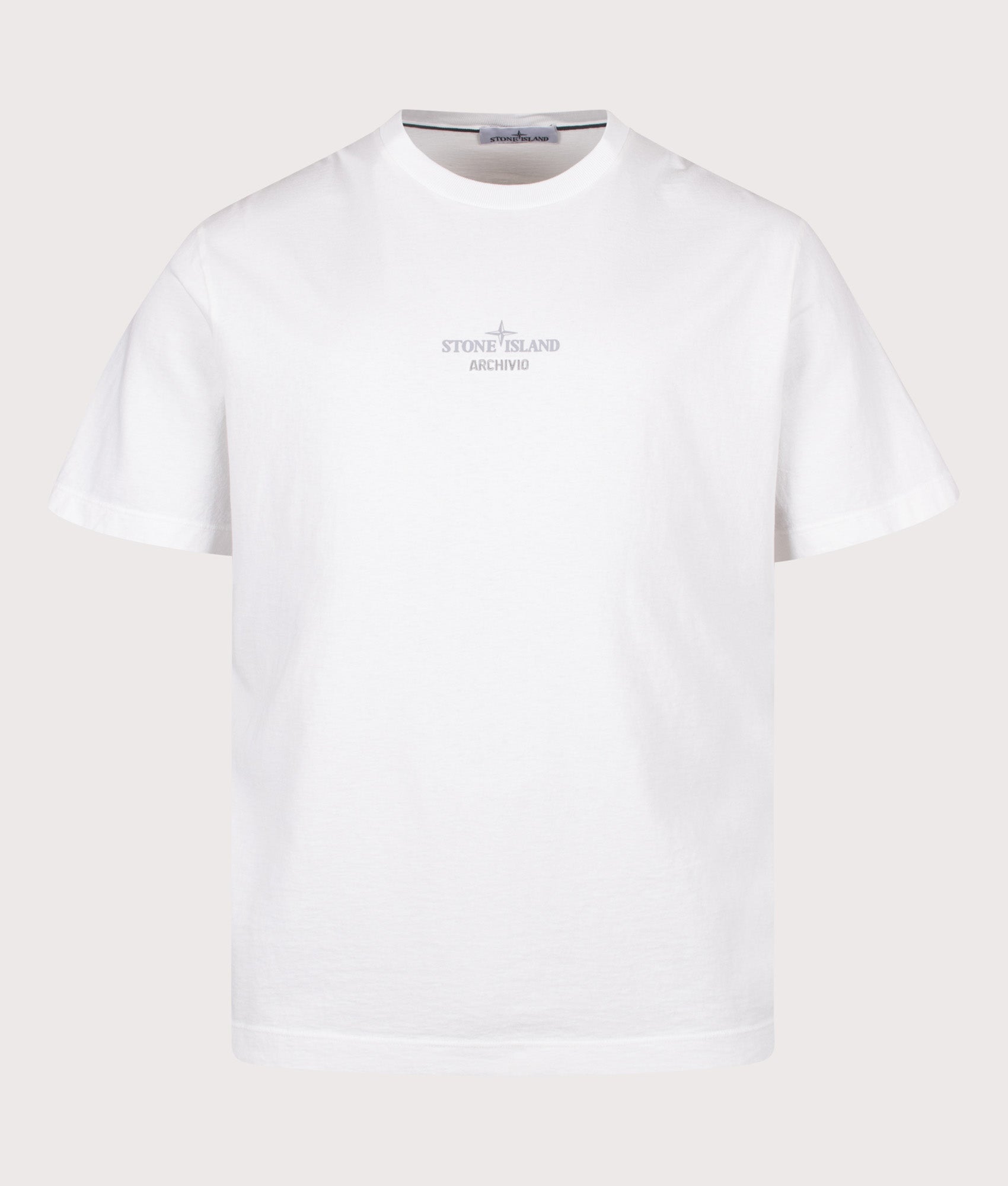 Stone Island Regular Fit ‘ARCHIVIO’ Print T-Shirt in White at EQVVS Menswear. Front shot.