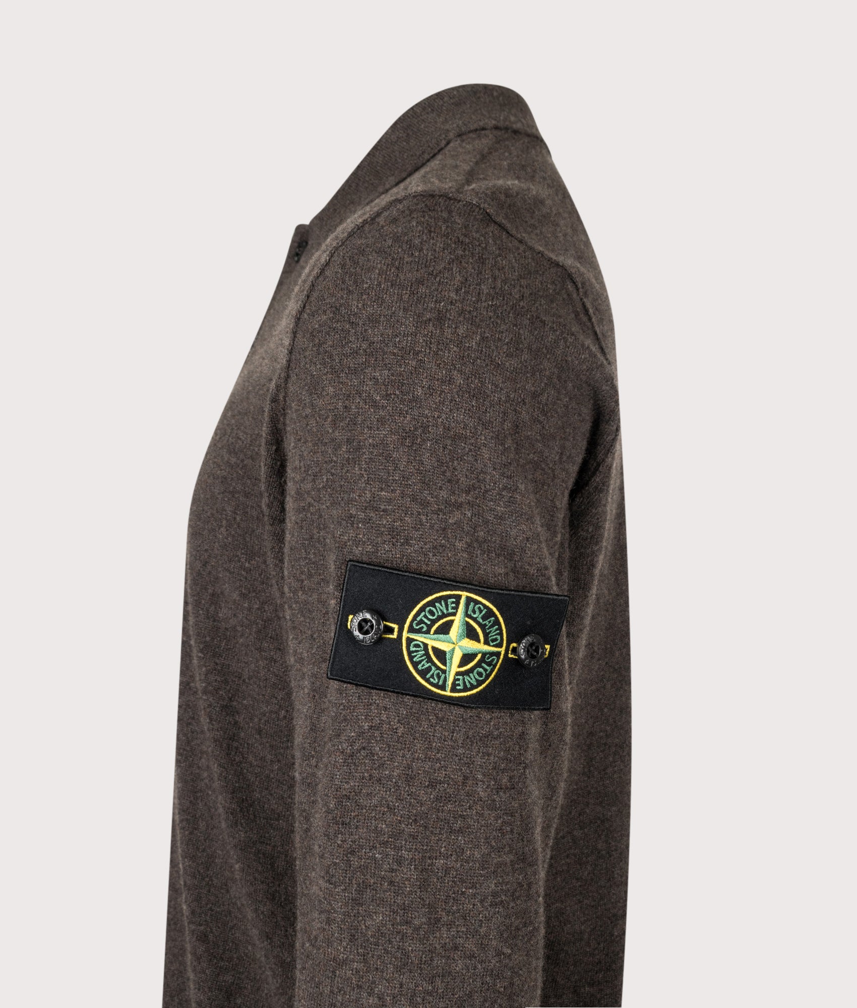 Stone Island Light RWS Geelong Wool Polo Collar Jumper in Lead Grey Melange at EQVVS Menswear. Detail shot.