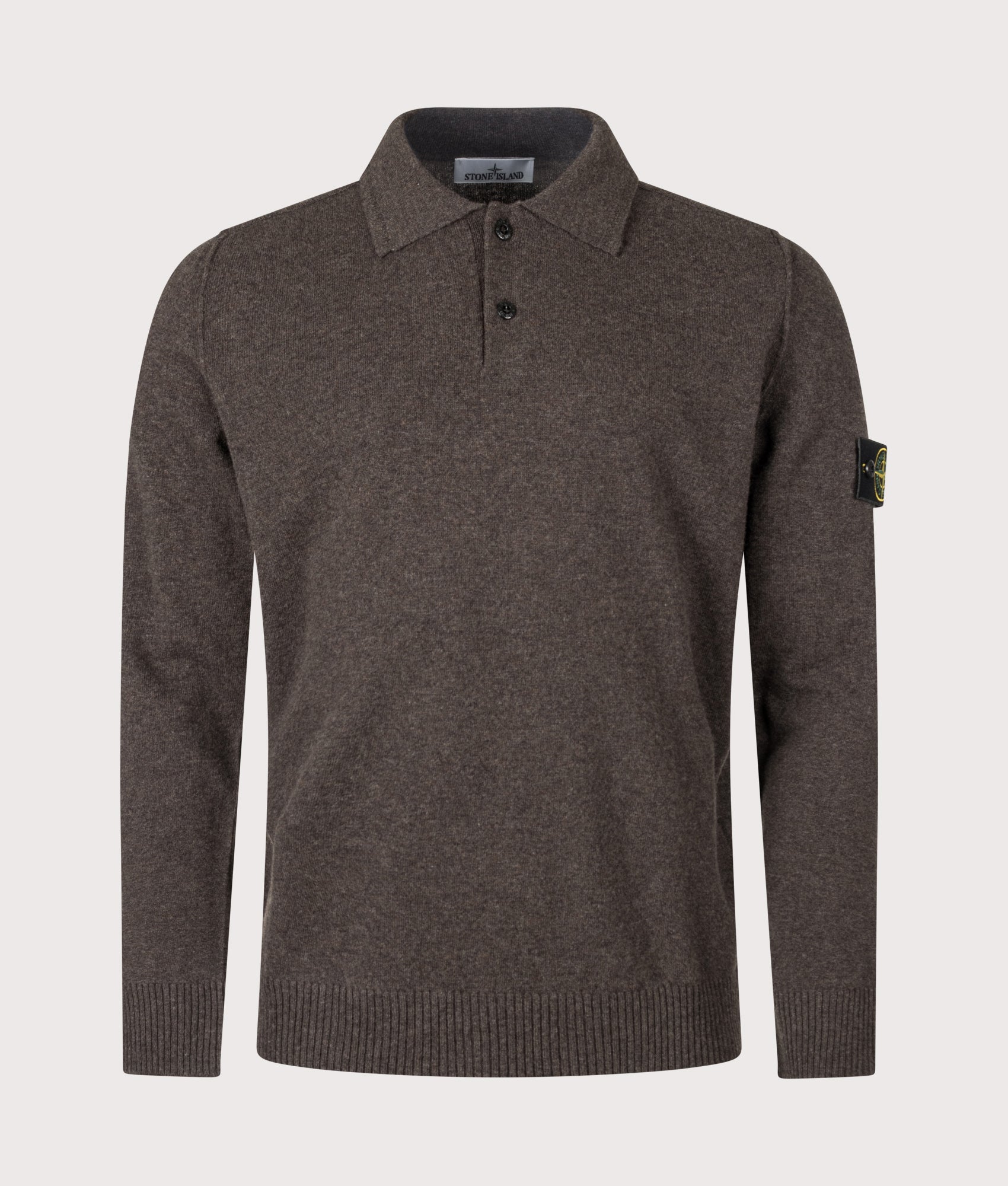 Stone Island Light RWS Geelong Wool Polo Collar Jumper in Lead Grey Melange at EQVVS Menswear. Front shot.