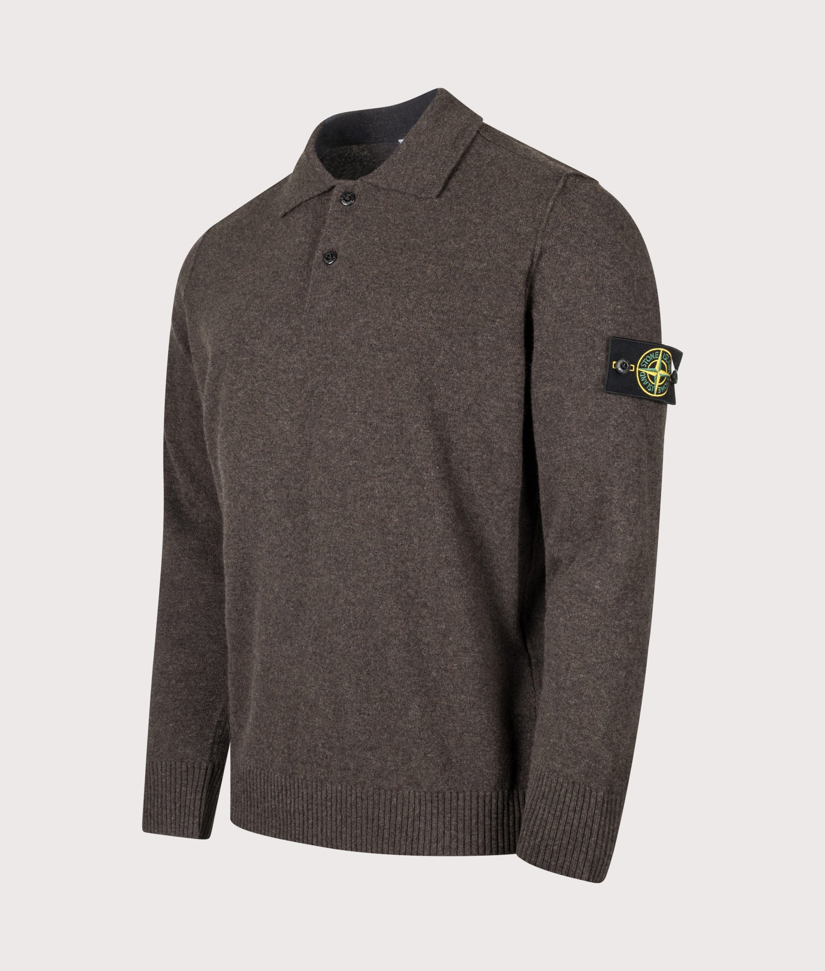 Stone Island Light RWS Geelong Wool Polo Collar Jumper in Lead Grey Melange at EQVVS Menswear. Angled front shot.