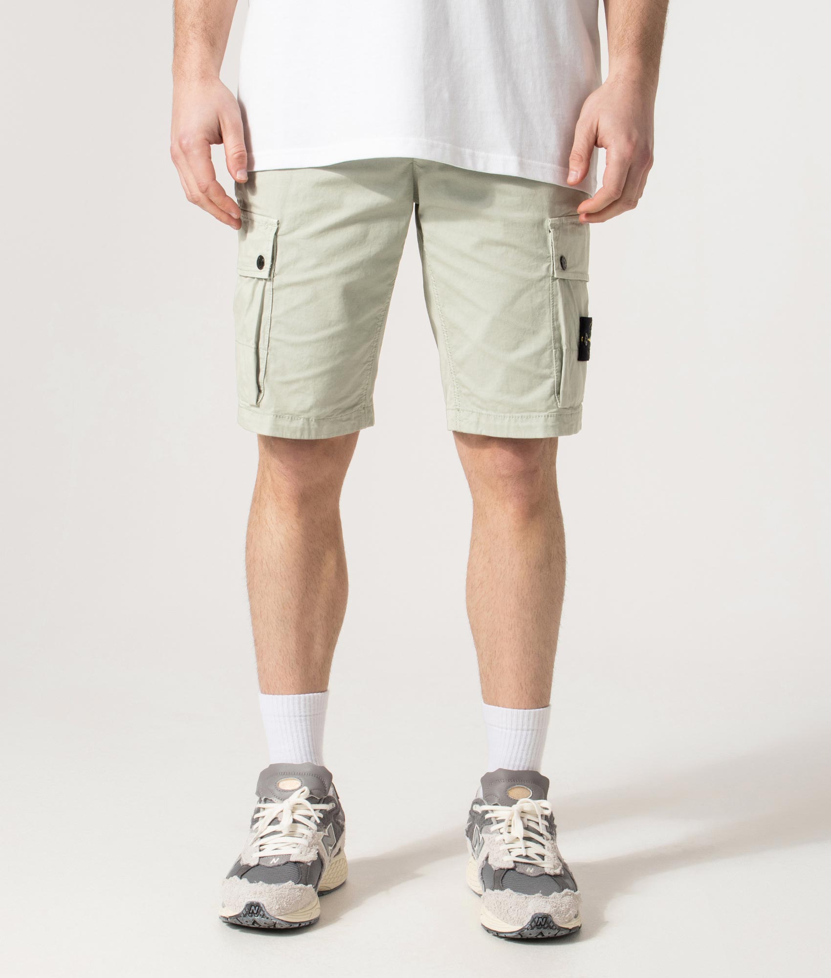 Slim Fit Cargo Bermuda Shorts in Sage | Stone Island | EQVVS | Front model shot 