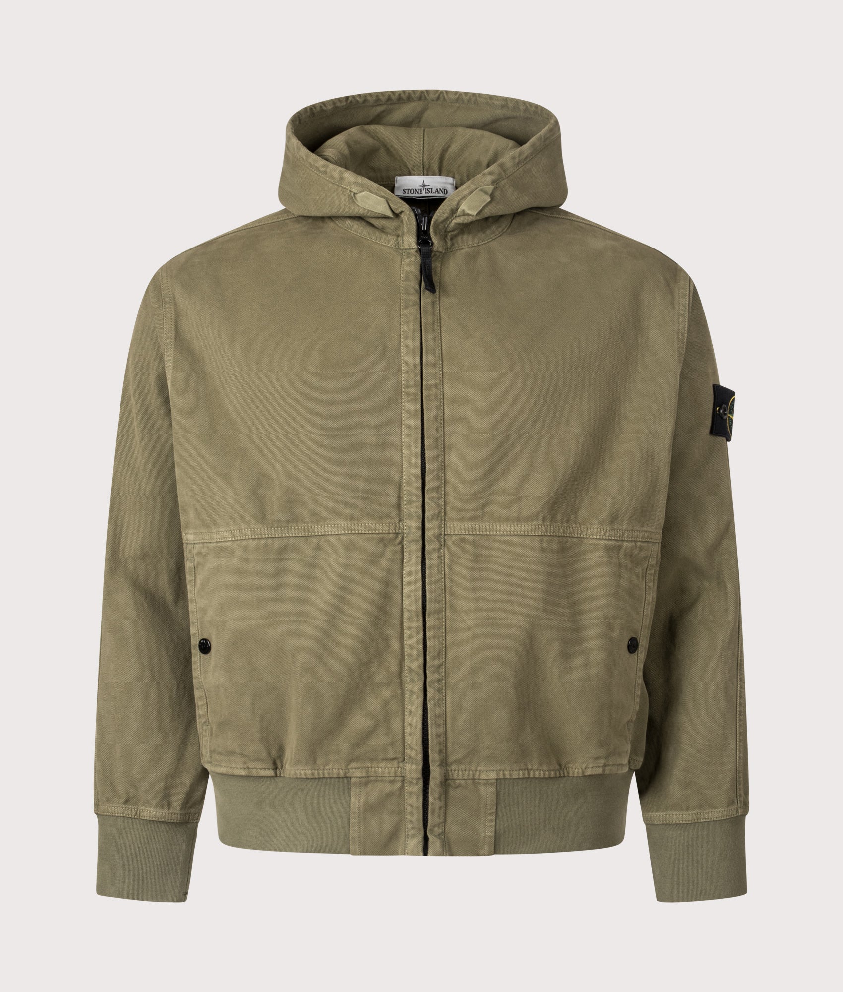 Stone Island Relaxed Fit Panama ‘Old’ Effect Zip Through Hoodie in Military Green at EQVVS Menswear. Front shot 