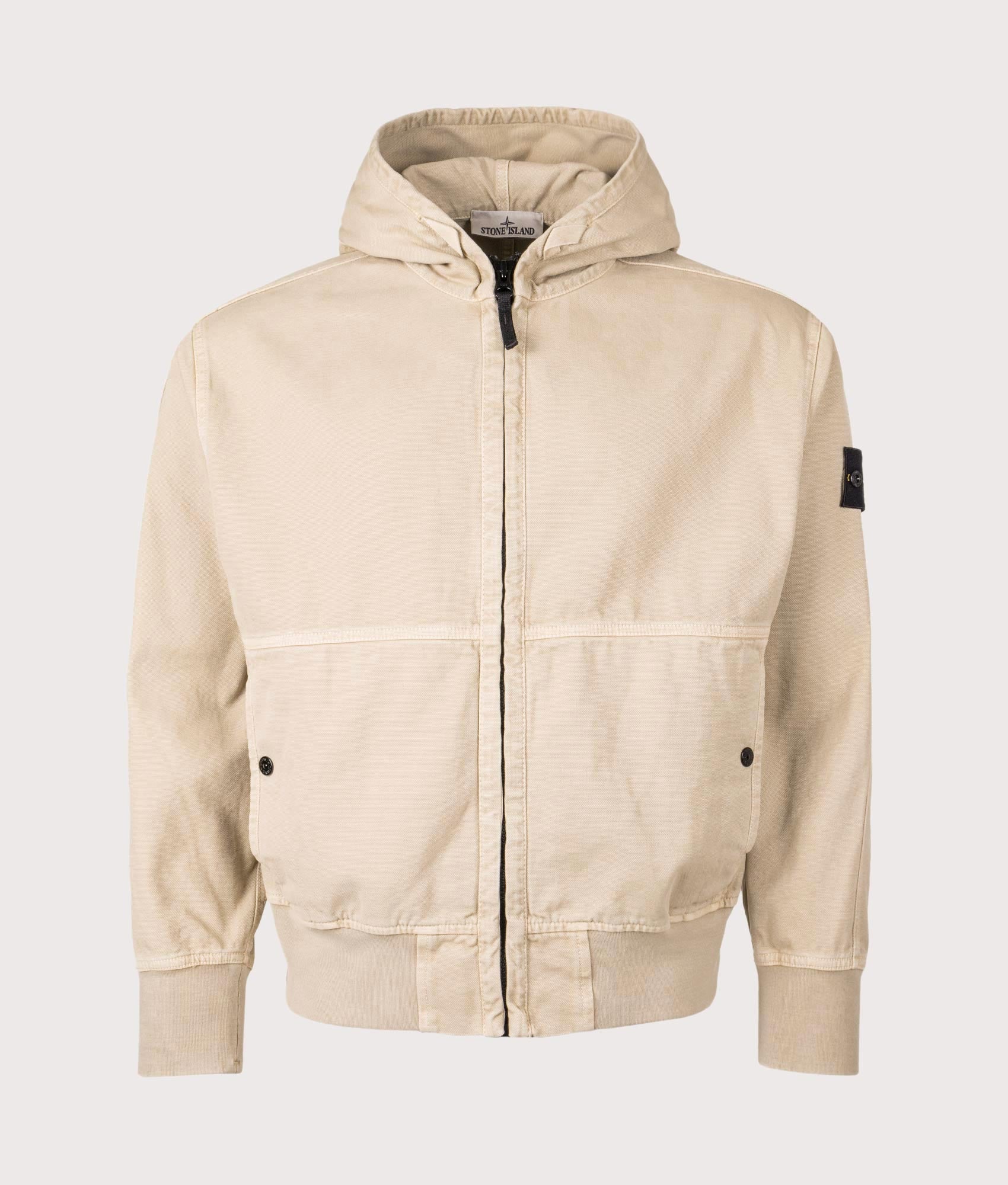 Stone Island Panama ‘Old’ Effect Zip Through Jacket in Desert Sand at EQVVS Menswear. Front shot.