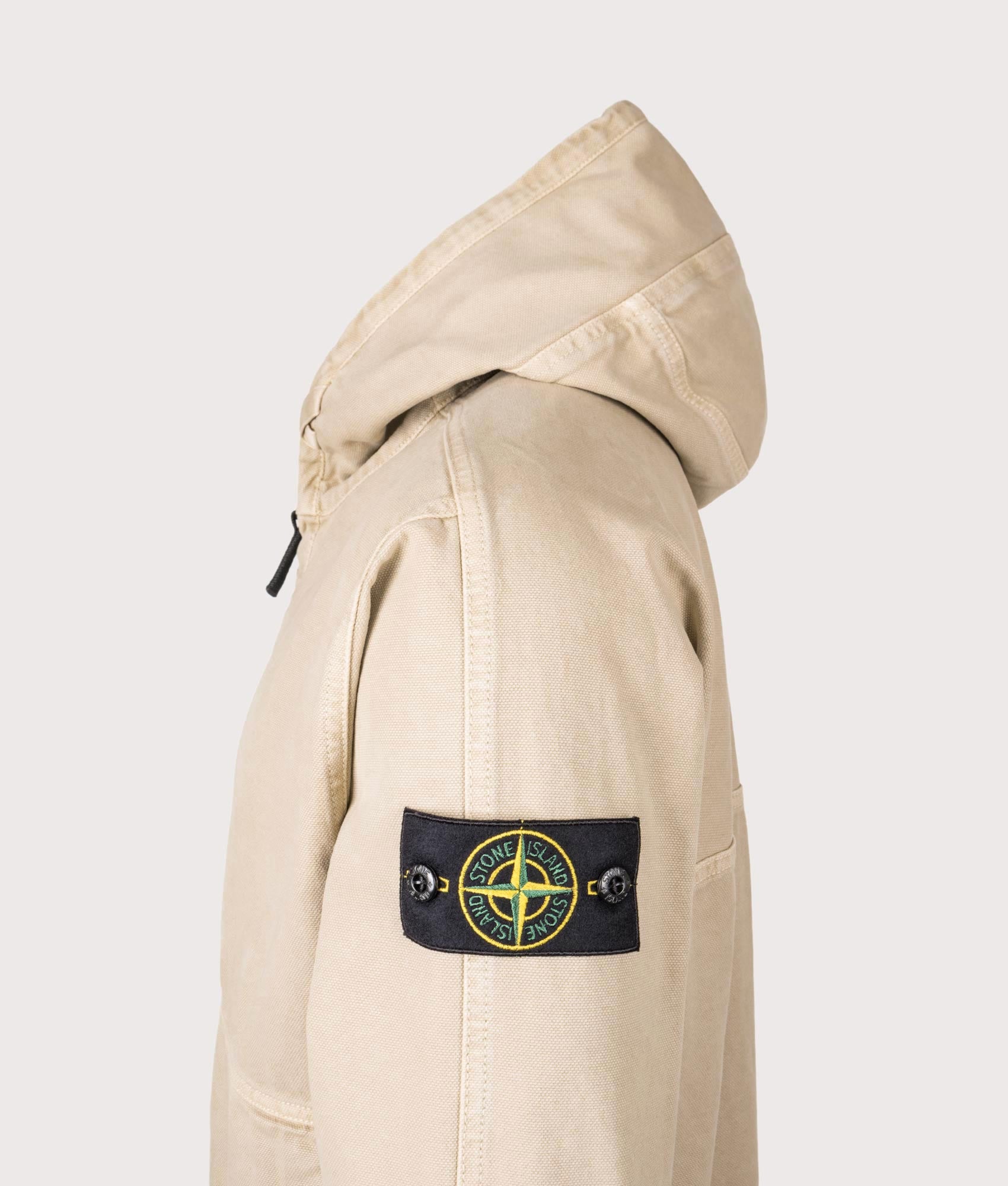 Stone Island Panama ‘Old’ Effect Zip Through Jacket in Desert Sand at EQVVS Menswear. Detail shot.