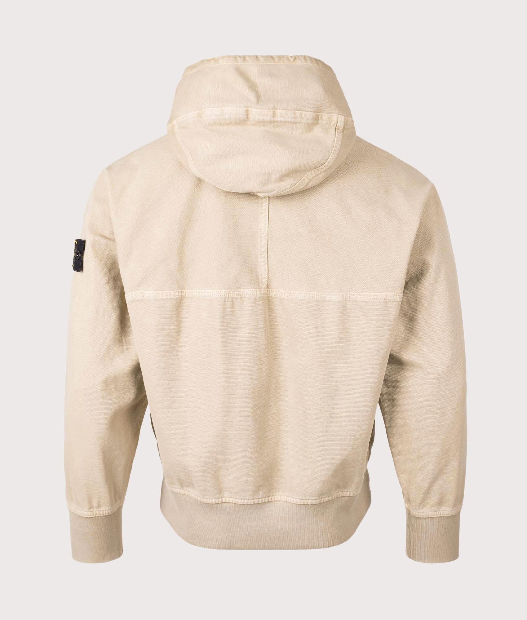 Stone Island Panama ‘Old’ Effect Zip Through Jacket in Desert Sand at EQVVS Menswear. Back shot.