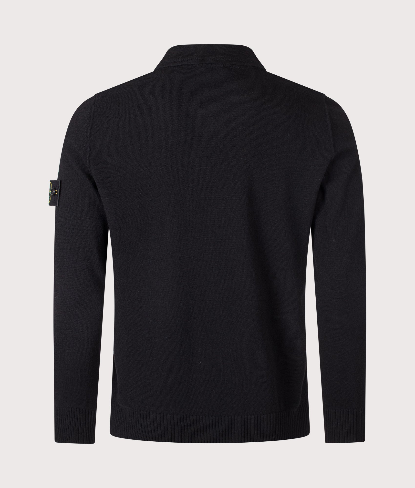 Stone Island Light RWS Geelong Wool Polo Collar Jumper in Black at EQVVS Menswear. Back shot.