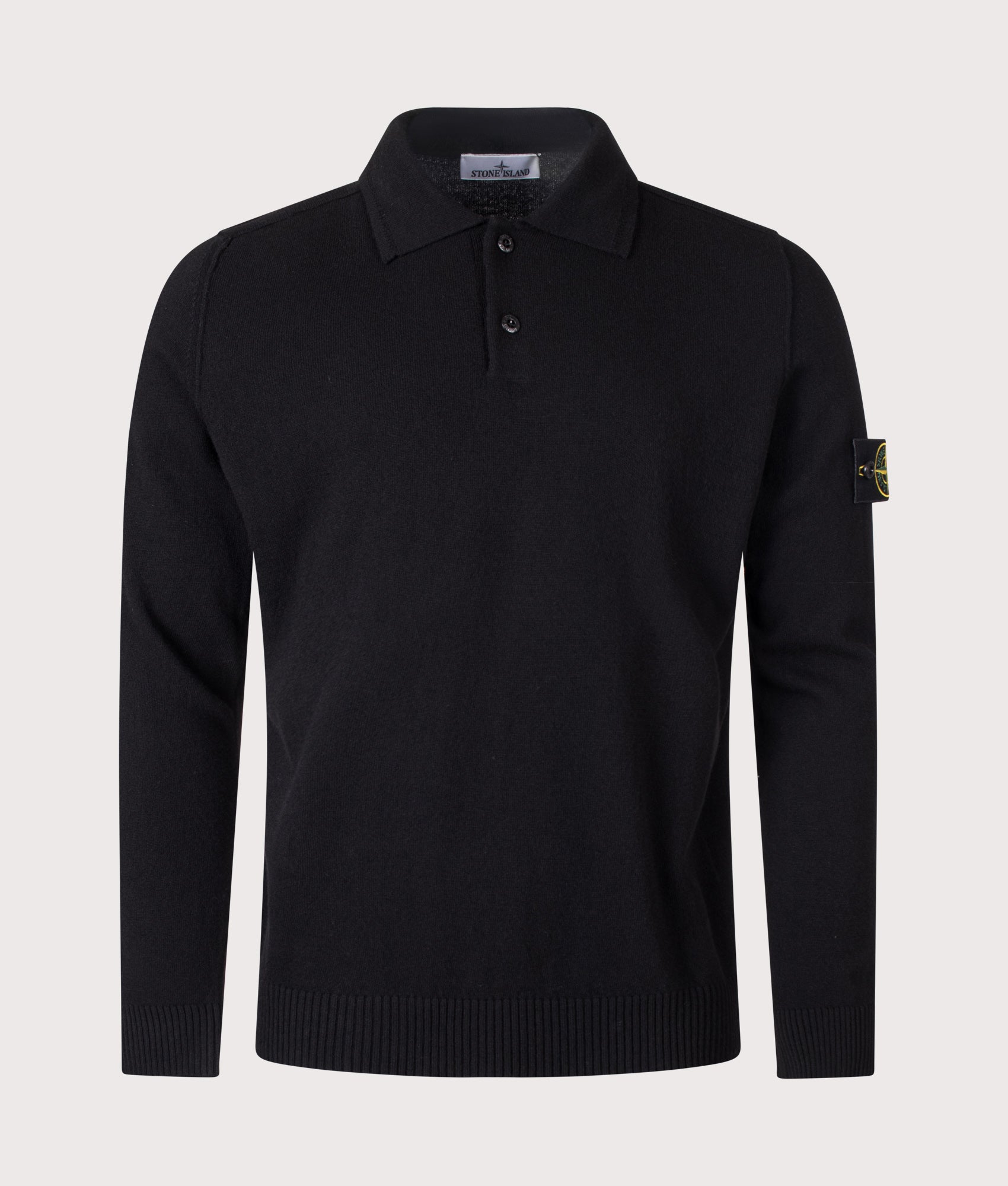 Stone Island Light RWS Geelong Wool Polo Collar Jumper in Black at EQVVS Menswear. Front shot.