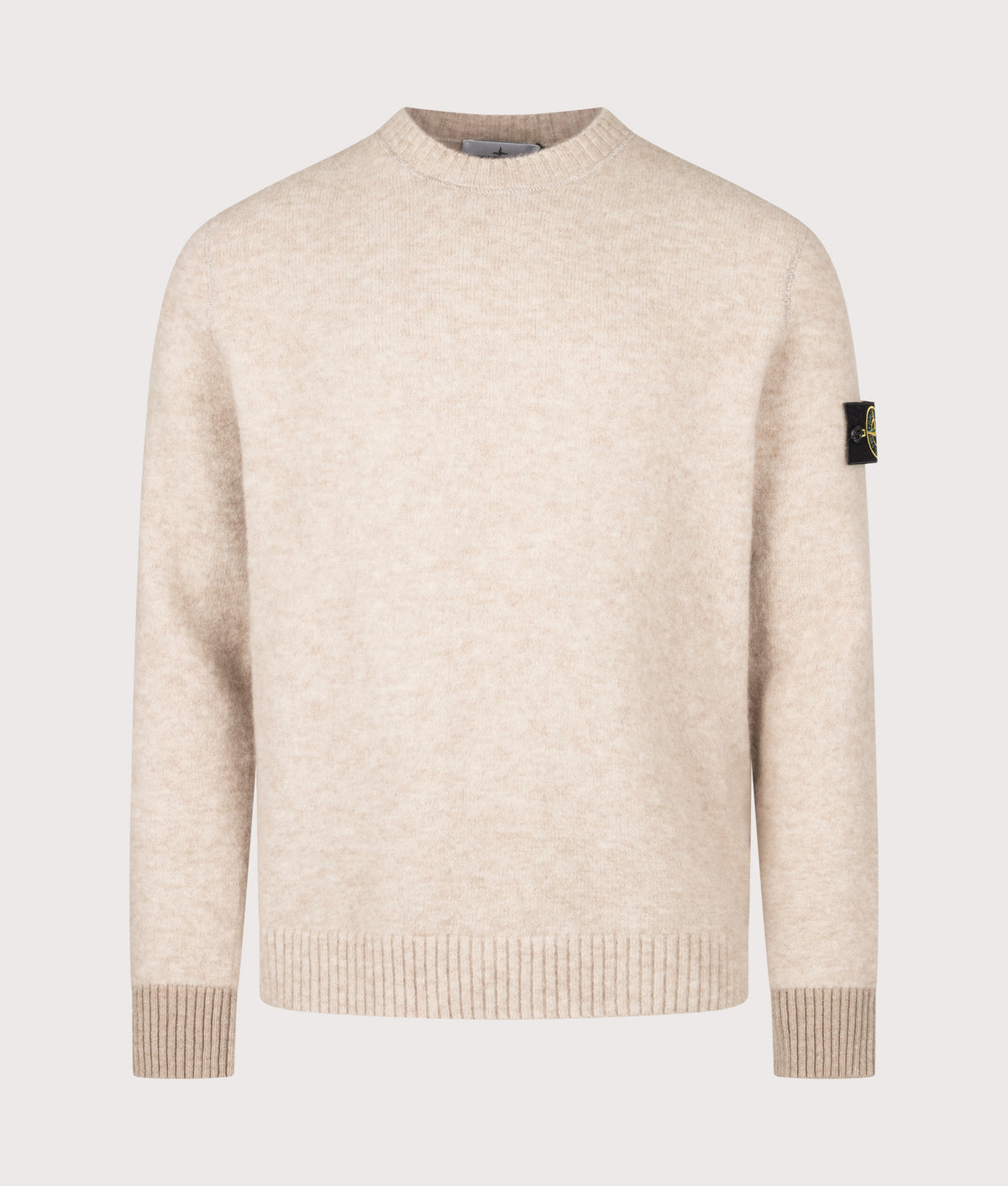 Stone Island Loose Fit Baby Alpaca Blend Crewneck Jumper in Melange Biscuit at EQVVS Menswear. Front shot.