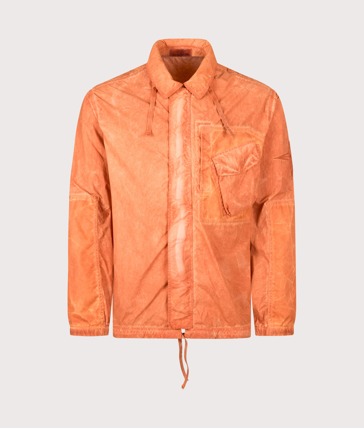 Stone Island Uneven Pigment Dyed Nylon Smerigliato + Nylon Canvas Overshirt in Burnt Orange at EQVVS Menswear. Front shot.