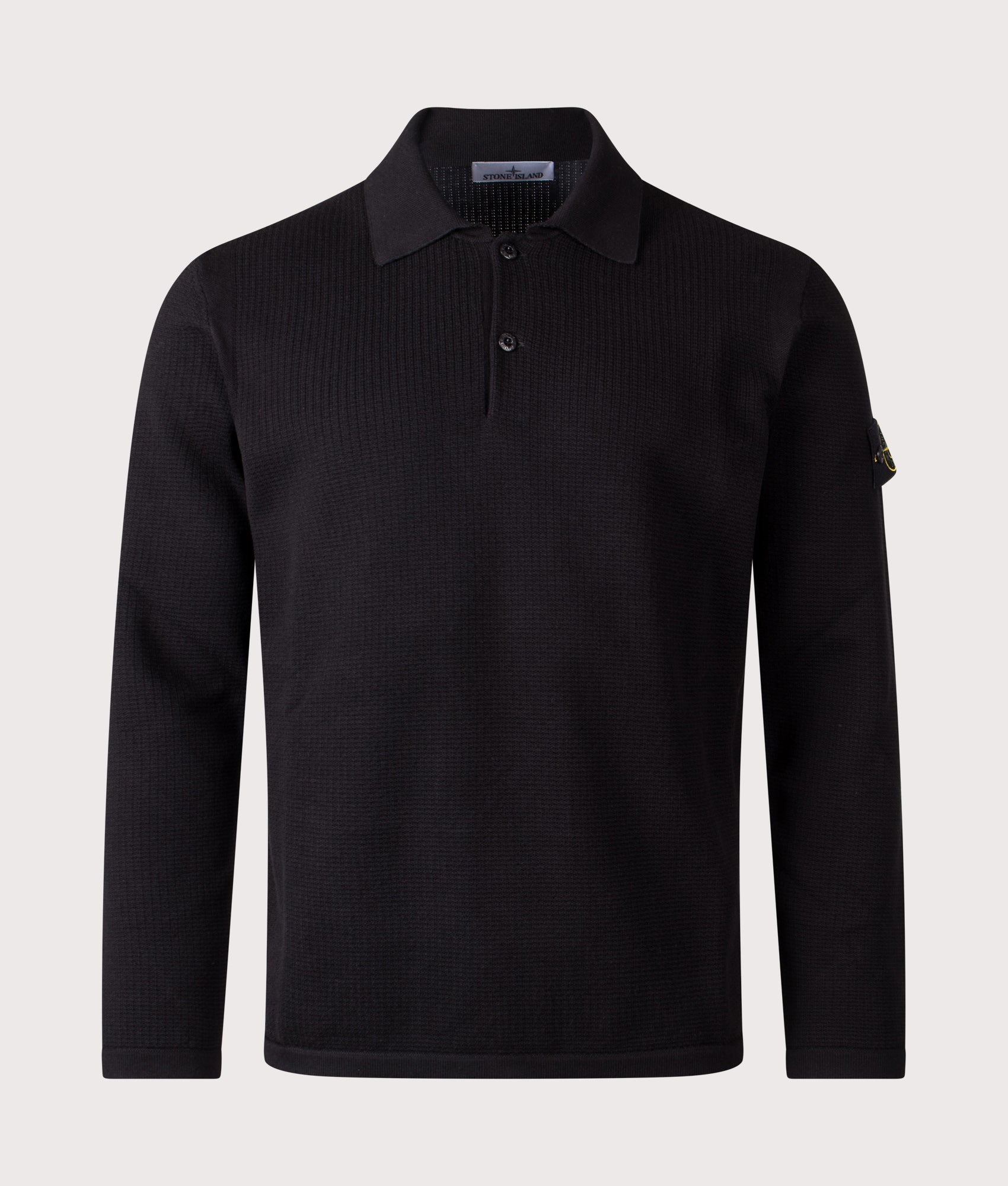 Stone Island Micro Stitch Organic Cotton Polo Shirt in Black at EQVVS Menswear. Font shot.