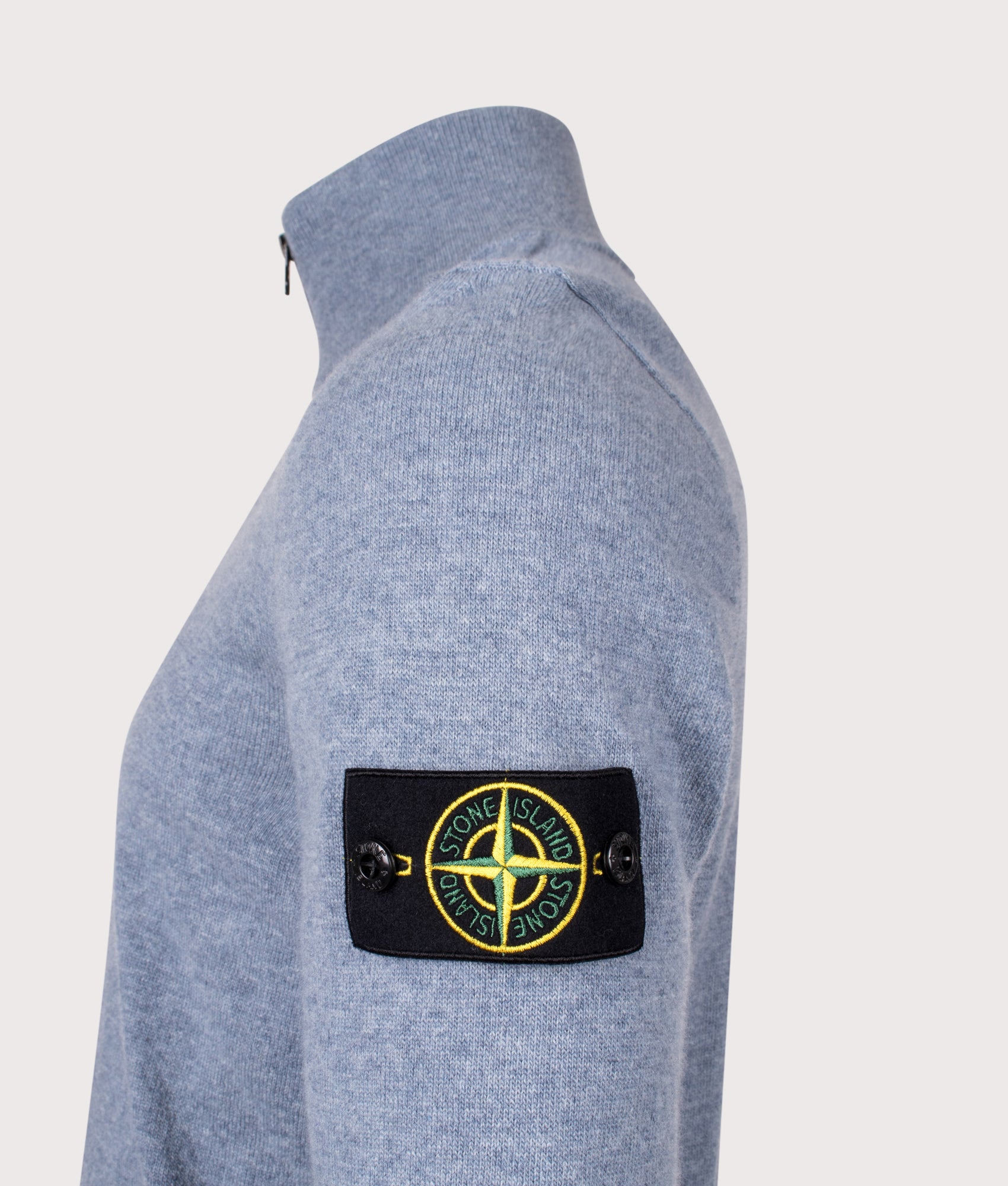 Light RQS Wool Quarter Zip Jumper by Stone Island in Dark Blue. Shot by EQVVS. Detail shot.