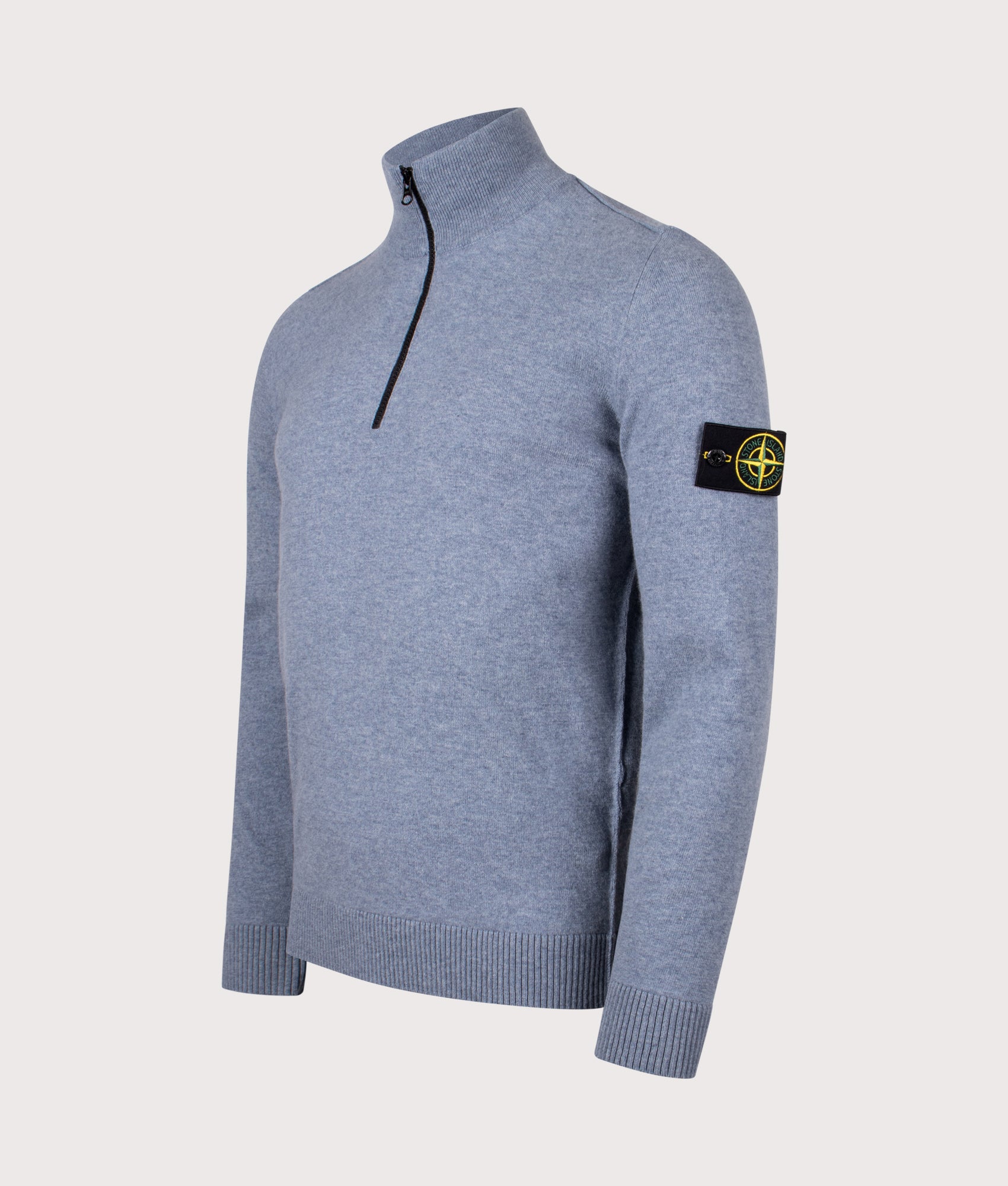 Light RQS Wool Quarter Zip Jumper by Stone Island in Dark Blue. Shot by EQVVS. Front detail shot.