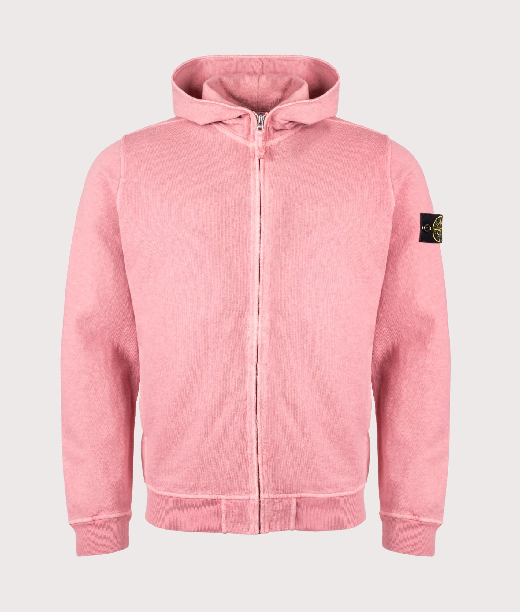 Malfilé ‘Old’ Treatment Fleece Full Zip Hoodie in Oleander | 100% Cotton | Stone Island | EQVVS | Front shot 