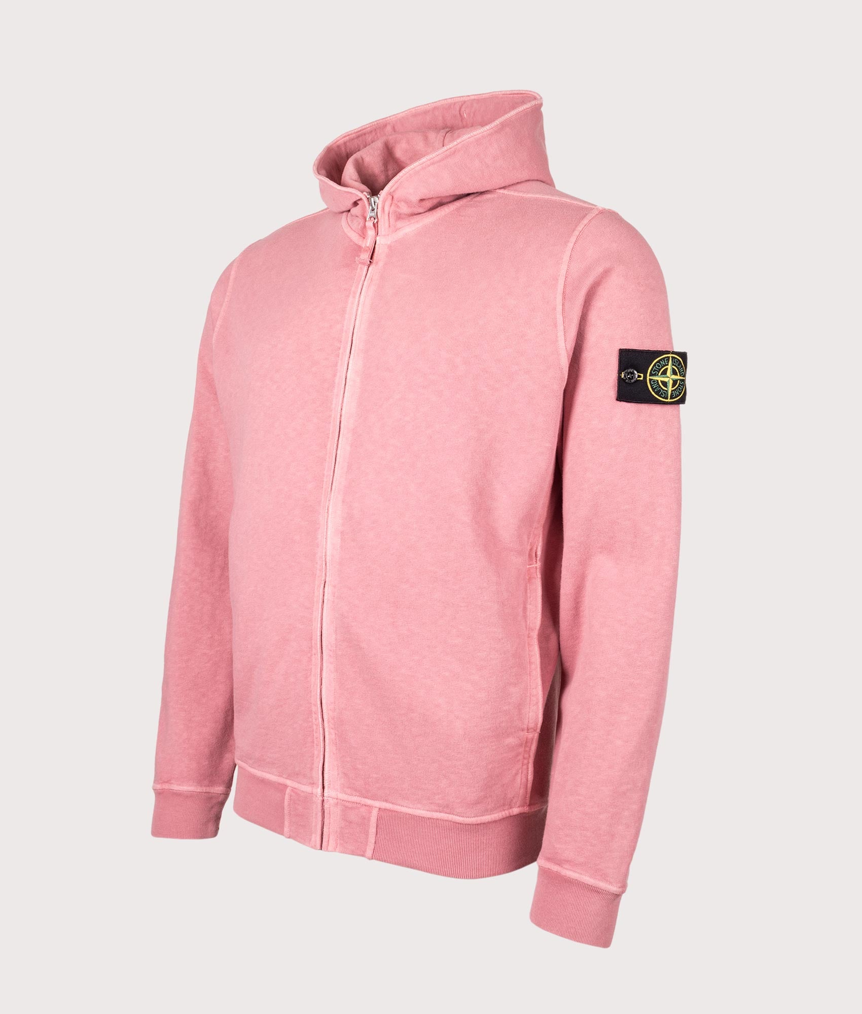 Malfilé ‘Old’ Treatment Fleece Full Zip Hoodie in Oleander | 100% Cotton | Stone Island | EQVVS | Front angle shot 