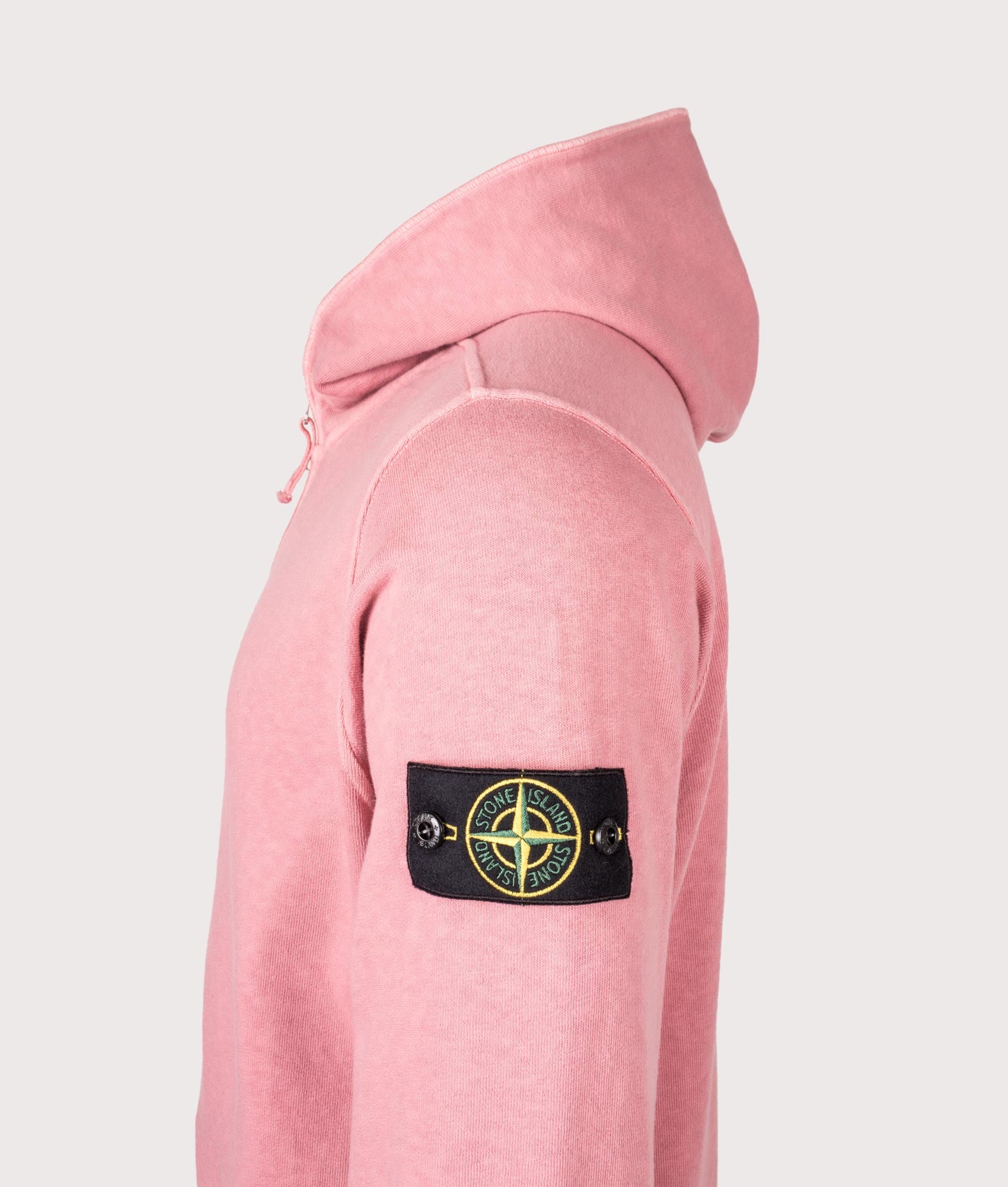 Malfilé ‘Old’ Treatment Fleece Full Zip Hoodie in Oleander | 100% Cotton | Stone Island | EQVVS | Side detail shot 