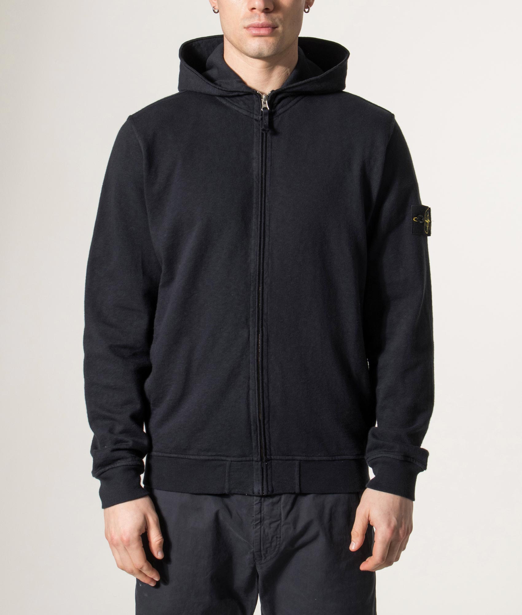 Stone Island Malfilé ‘Old’ Treatment Full Zip Hoodie in Navy Blue at EQVVS Menswear. Font shot.
