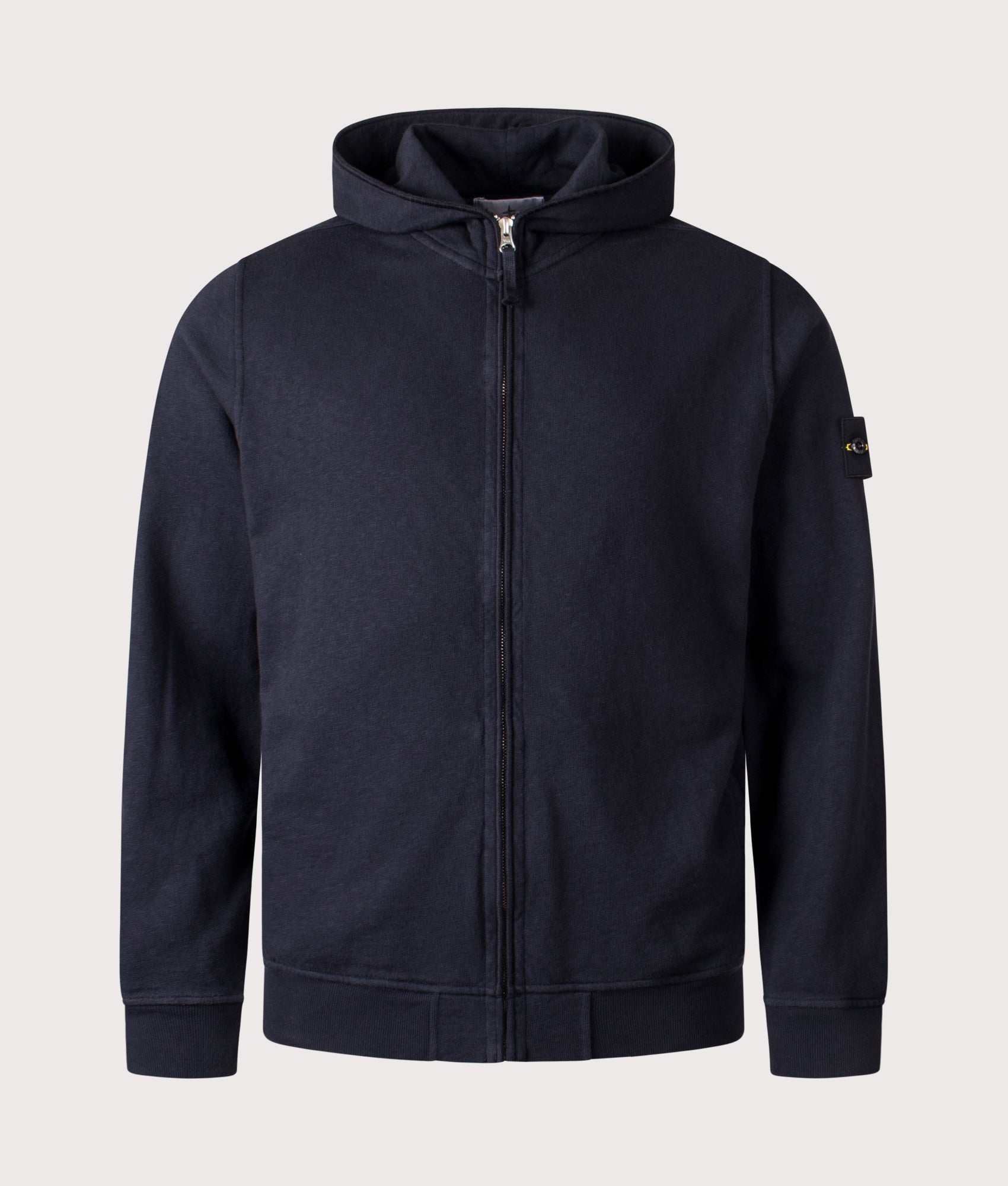 Stone Island Malfilé ‘Old’ Treatment Full Zip Hoodie in Navy Blue at EQVVS Menswear. Front shot.