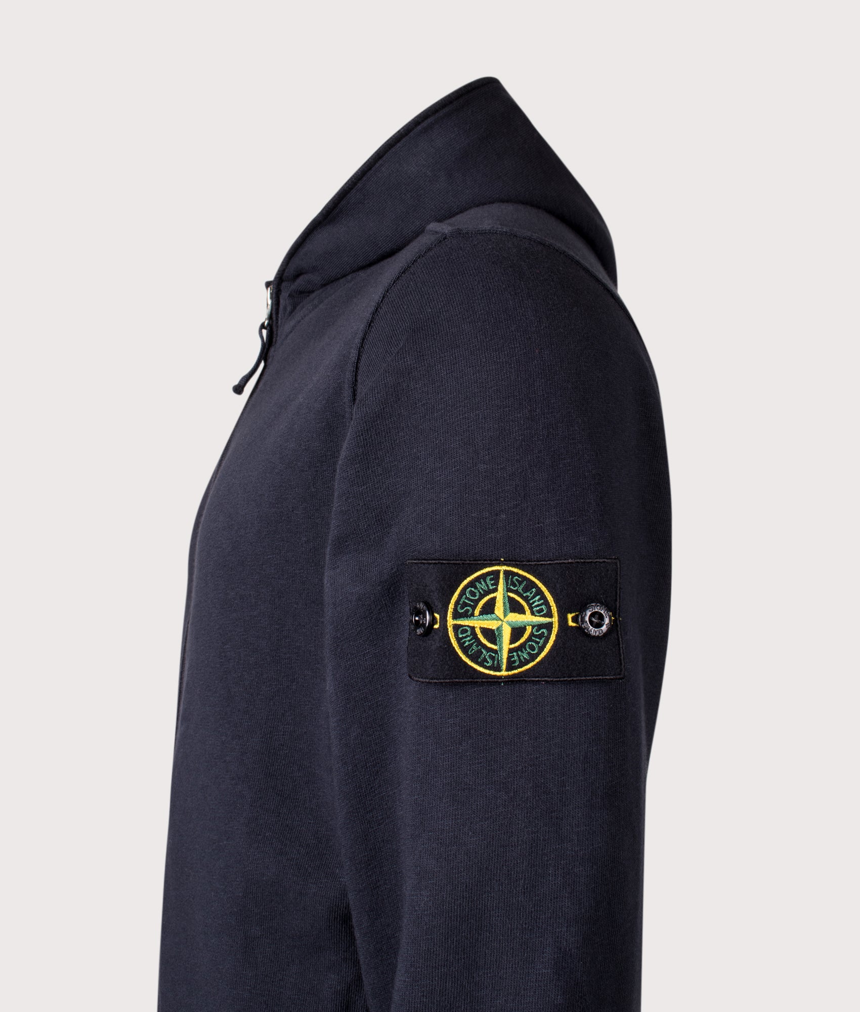 Stone Island Malfilé ‘Old’ Treatment Full Zip Hoodie in Navy Blue at EQVVS Menswear. Detail shot.