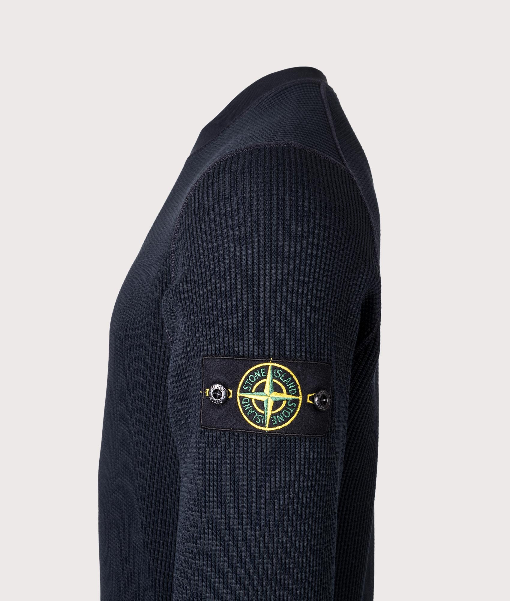 Waffle Knit Sweatshirt in Navy Blue | 100% Cotton | Stone Island | EQVVS | Side detail shot 