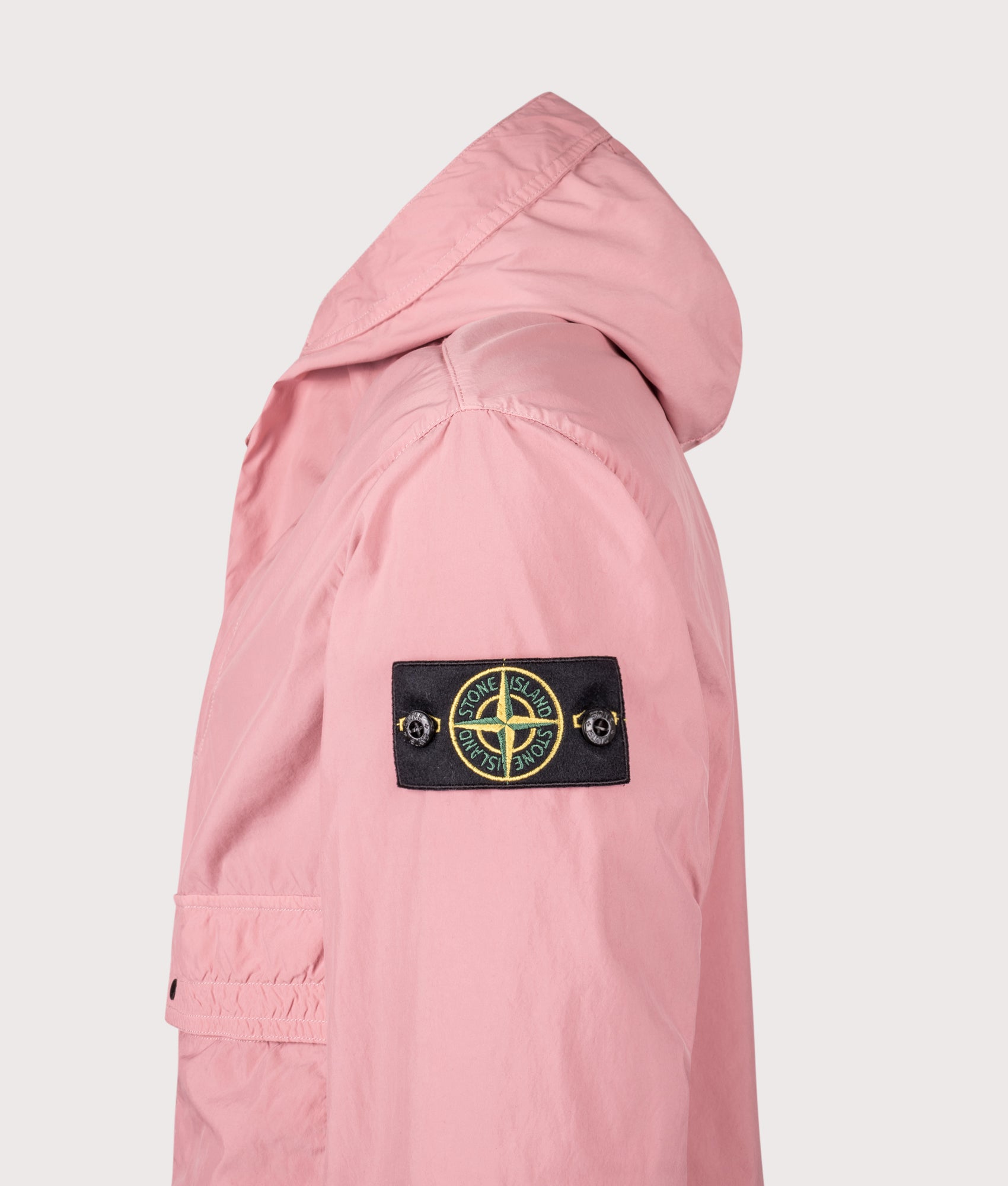 Stone Island Hooded Short Parka in Oleander at EQVVS Menswear. Detail shot.