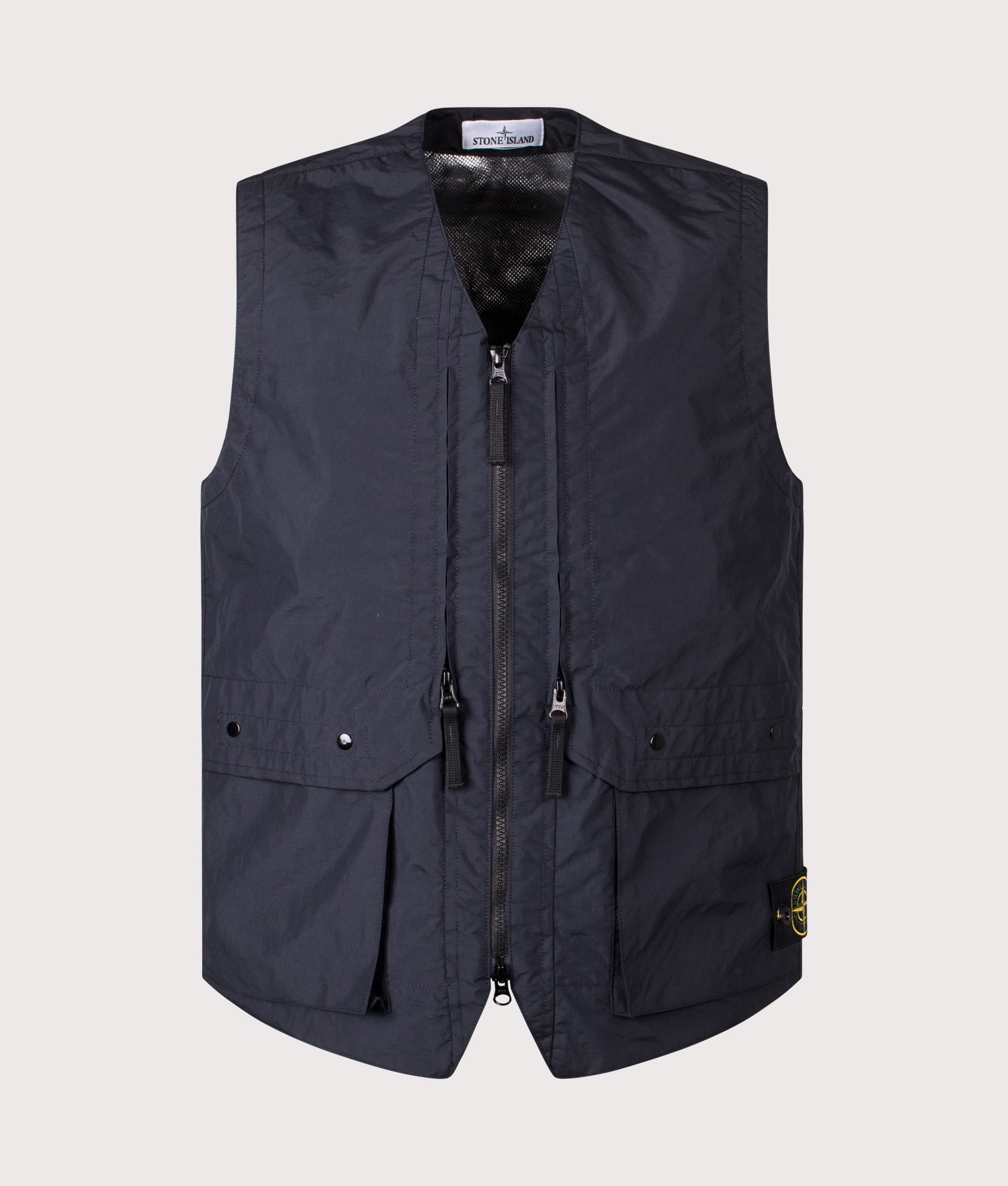 Stone Island Metal Lamina Poly Ripstop Vest in Navy Blue at EQVVS Menswear. Front shot.