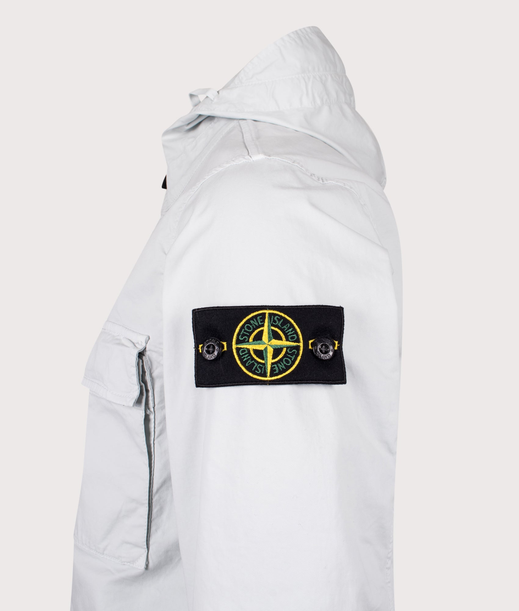 Stone Island Hooded Field Jacket in Sky Blue at EQVVS Menswear. Detail shot.