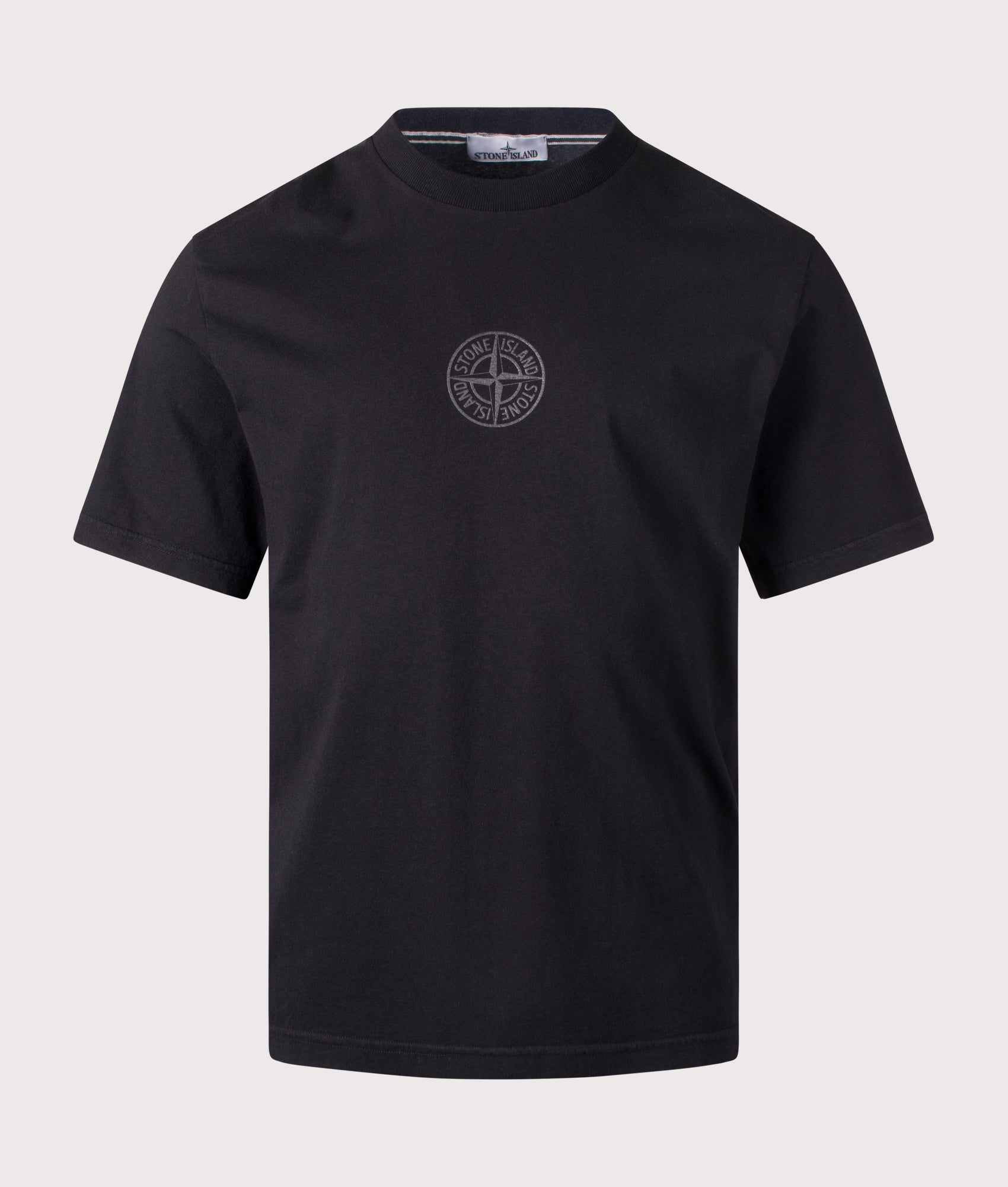Stone Island ‘Camo Compass’ Print T-Shirt in Black at EQVVS Menswear. Front shot.