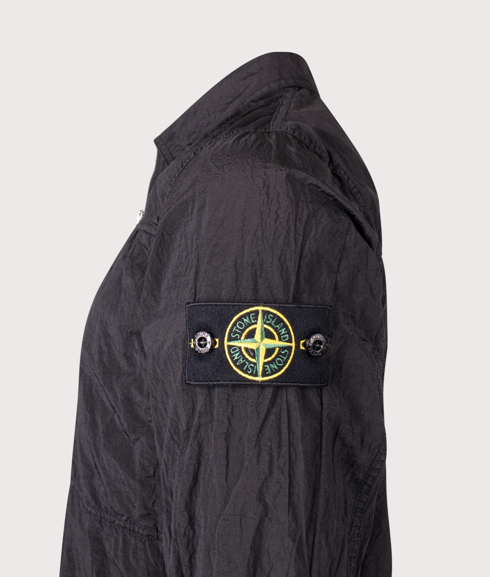 Stone Island Nylon Metal in ECONYL® Overshirt in Black at EQVVS Menswear.  Back shot.