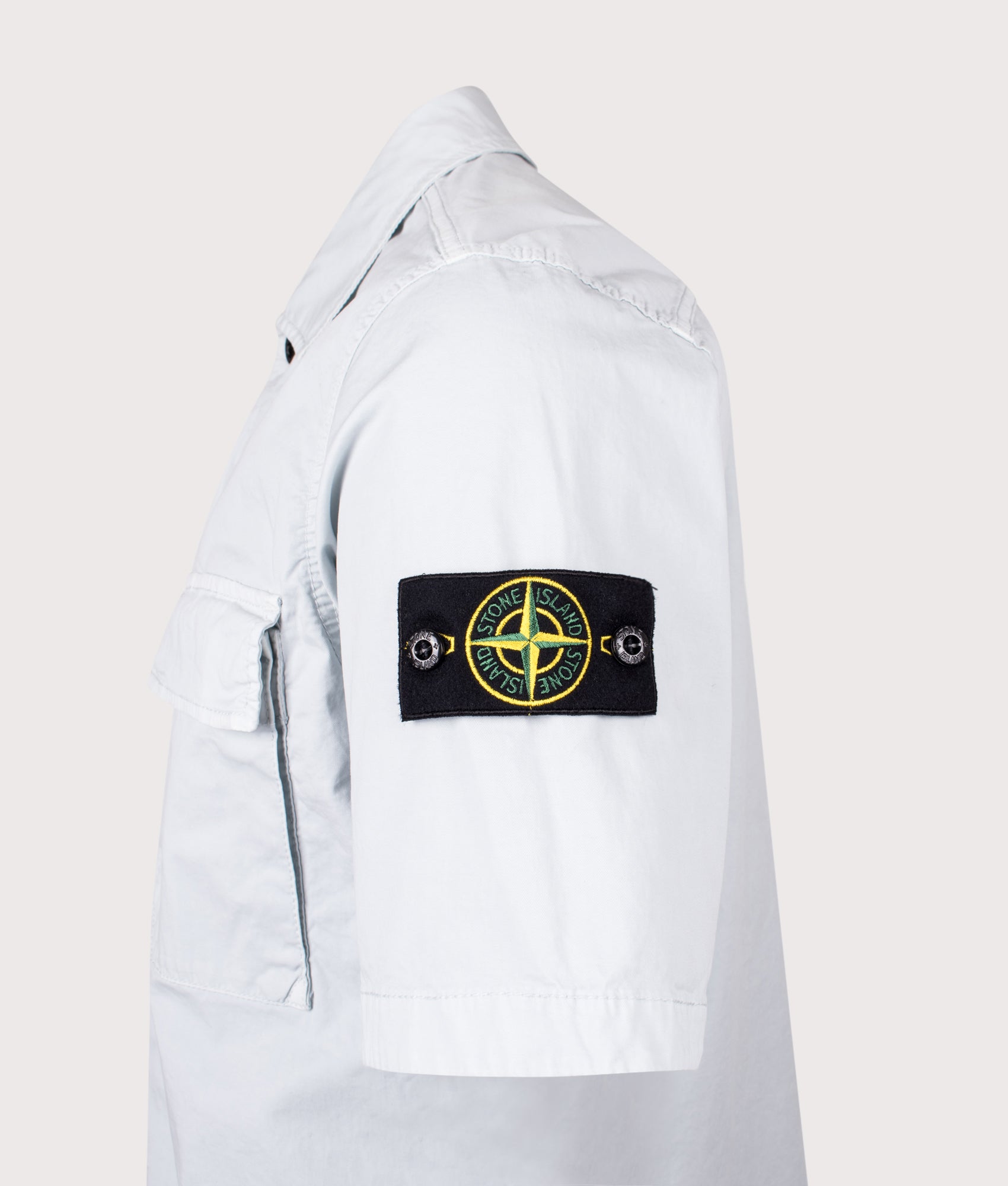 Stone Island Short Sleeve Shirt in Sky Blue at EQVVS Menswear. Detail shot.